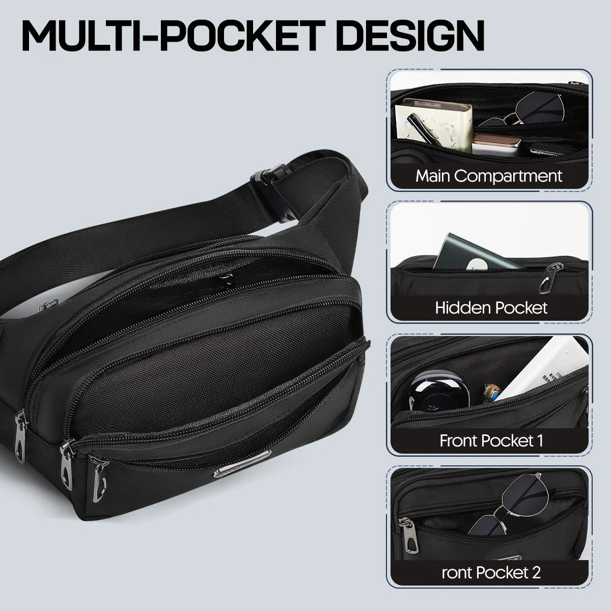 NEW YORK XPRESS Small Fanny Pack for Men Women,Water Resistant Crossbody Bag Waist Pack with 4 Zipper Pockets & Adjustable Strap,Hip Pack Bag for Travel,Walking,Running,Hiking,Cycling