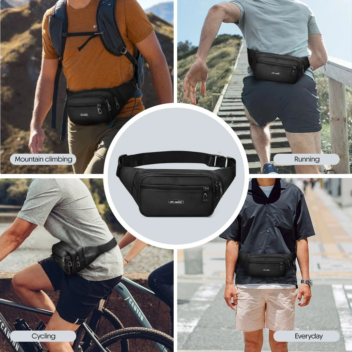 NEW YORK XPRESS Small Fanny Pack for Men Women,Water Resistant Crossbody Bag Waist Pack with 4 Zipper Pockets & Adjustable Strap,Hip Pack Bag for Travel,Walking,Running,Hiking,Cycling