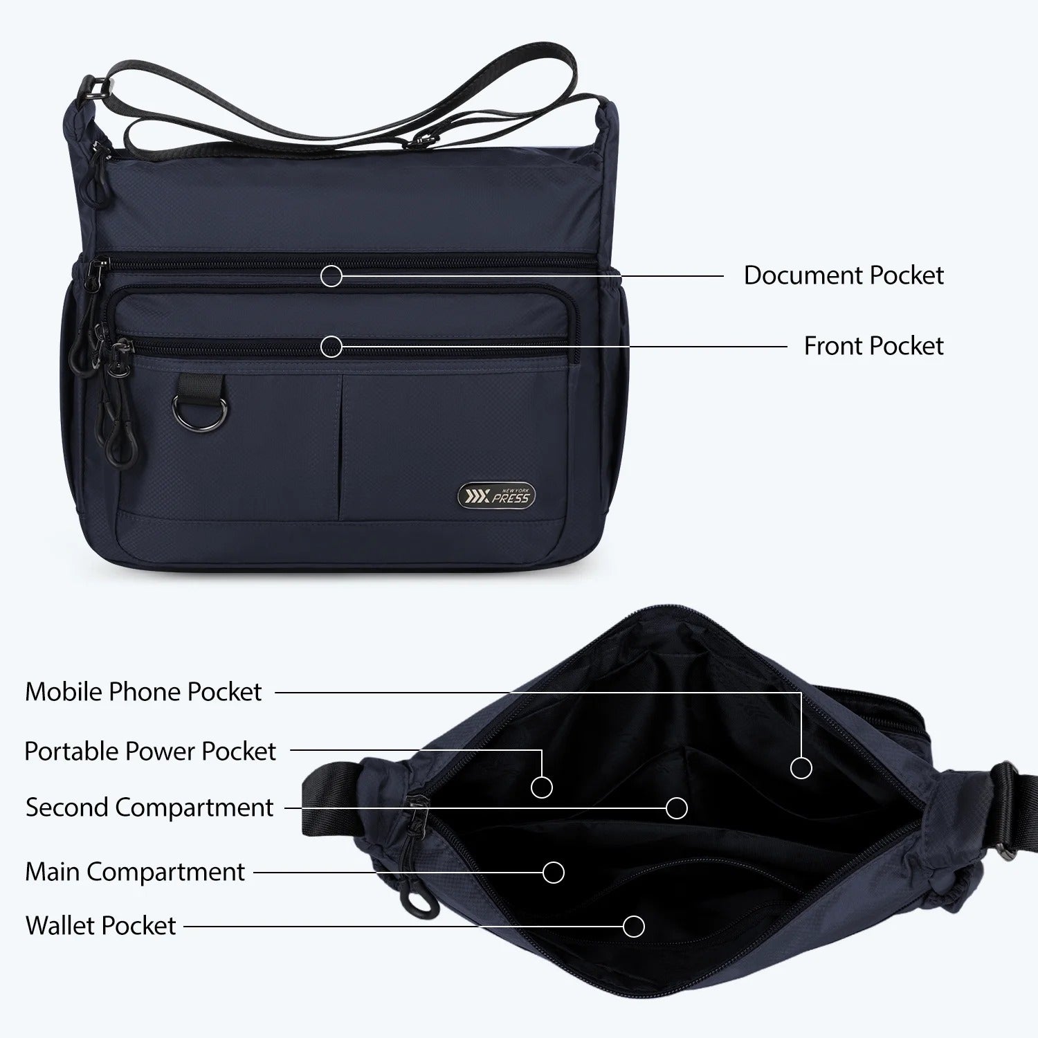 NEW YORK XPRESS TT-851 Unisex Water-Resistant Crossbody Bag, Multi Pocket for Travel ,Work , Daily Use 10"