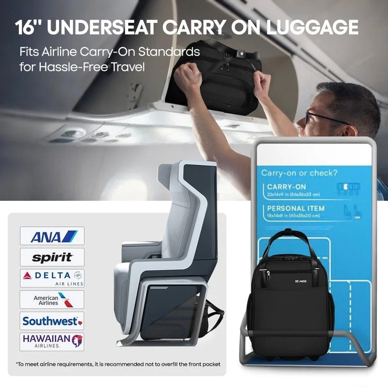 NEW YORK XPRESS XJ-5011 Underseat Soft Carry On Luggage, Rolling Wheels, Lightweight Travel Bag, 16"