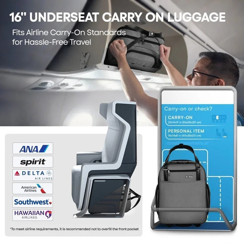 NEW YORK XPRESS XJ-5011 Underseat Soft Carry On Luggage, Rolling Wheels, Lightweight Travel Bag, 16"