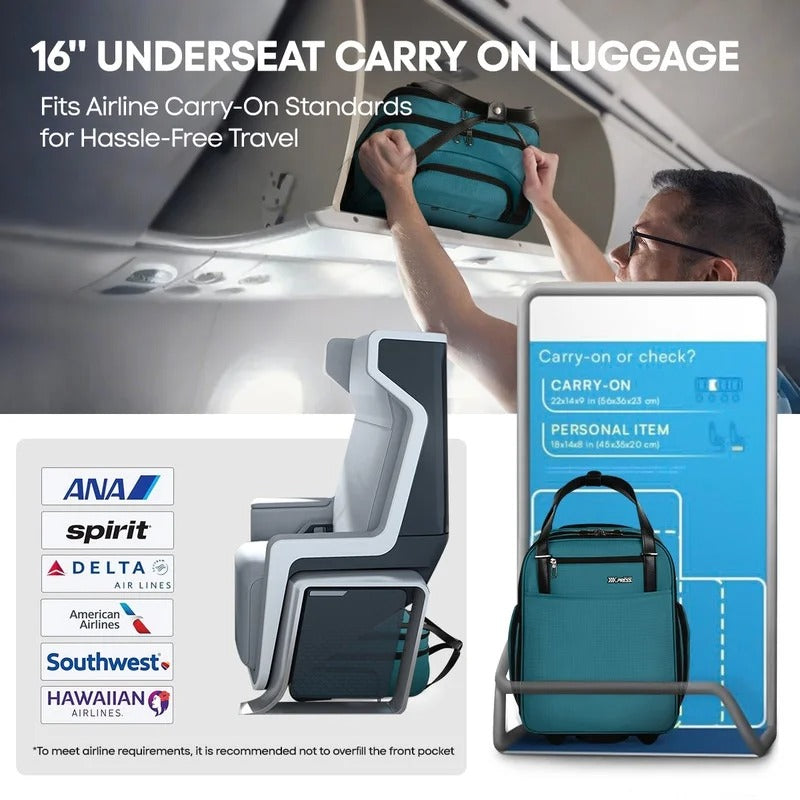 NEW YORK XPRESS XJ-5011 Underseat Soft Carry On Luggage, Rolling Wheels, Lightweight Travel Bag, 16"