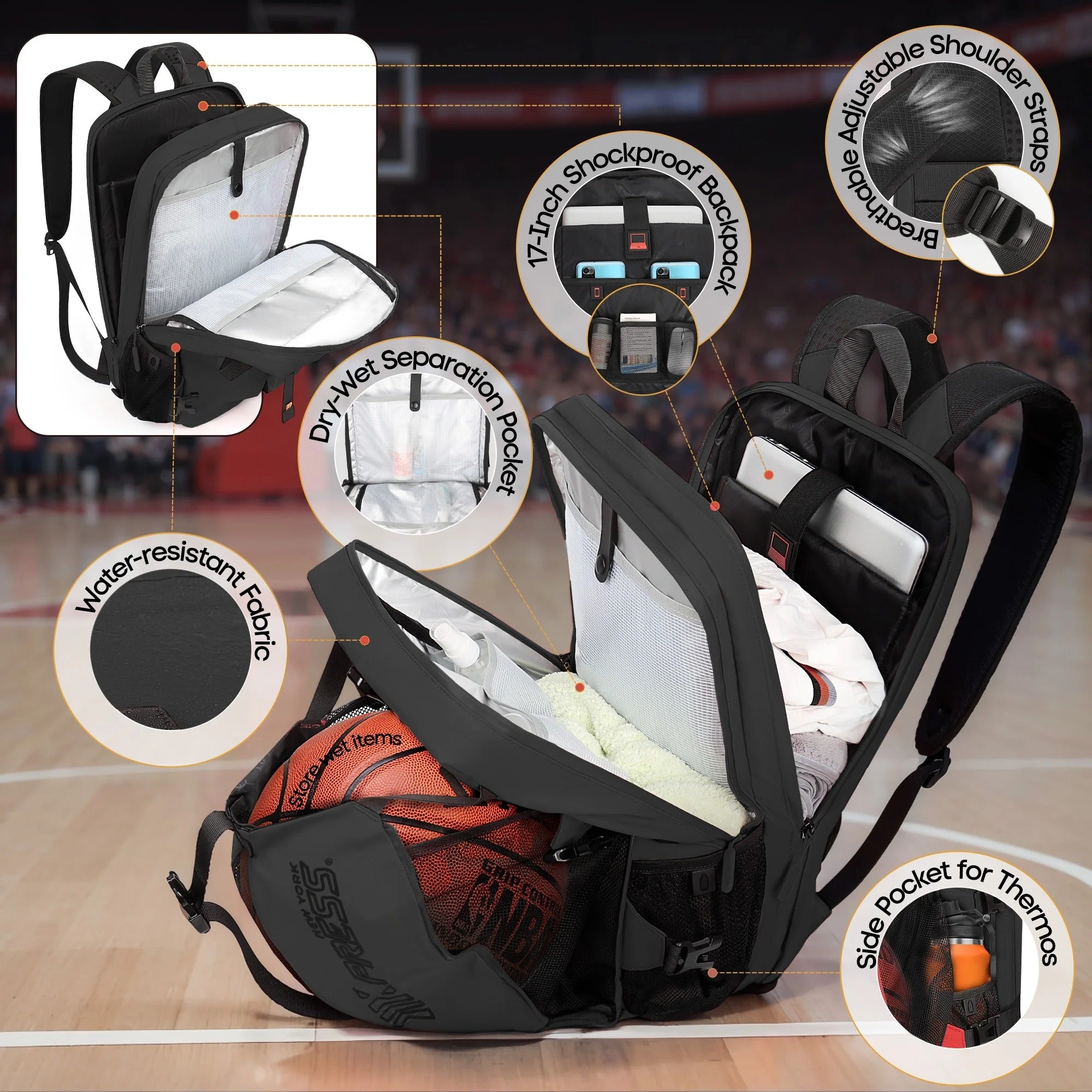 NEW YORK XPRESS B00391 Sports Waterproof Backpack with Ball Holder & Separate Shoe Bag