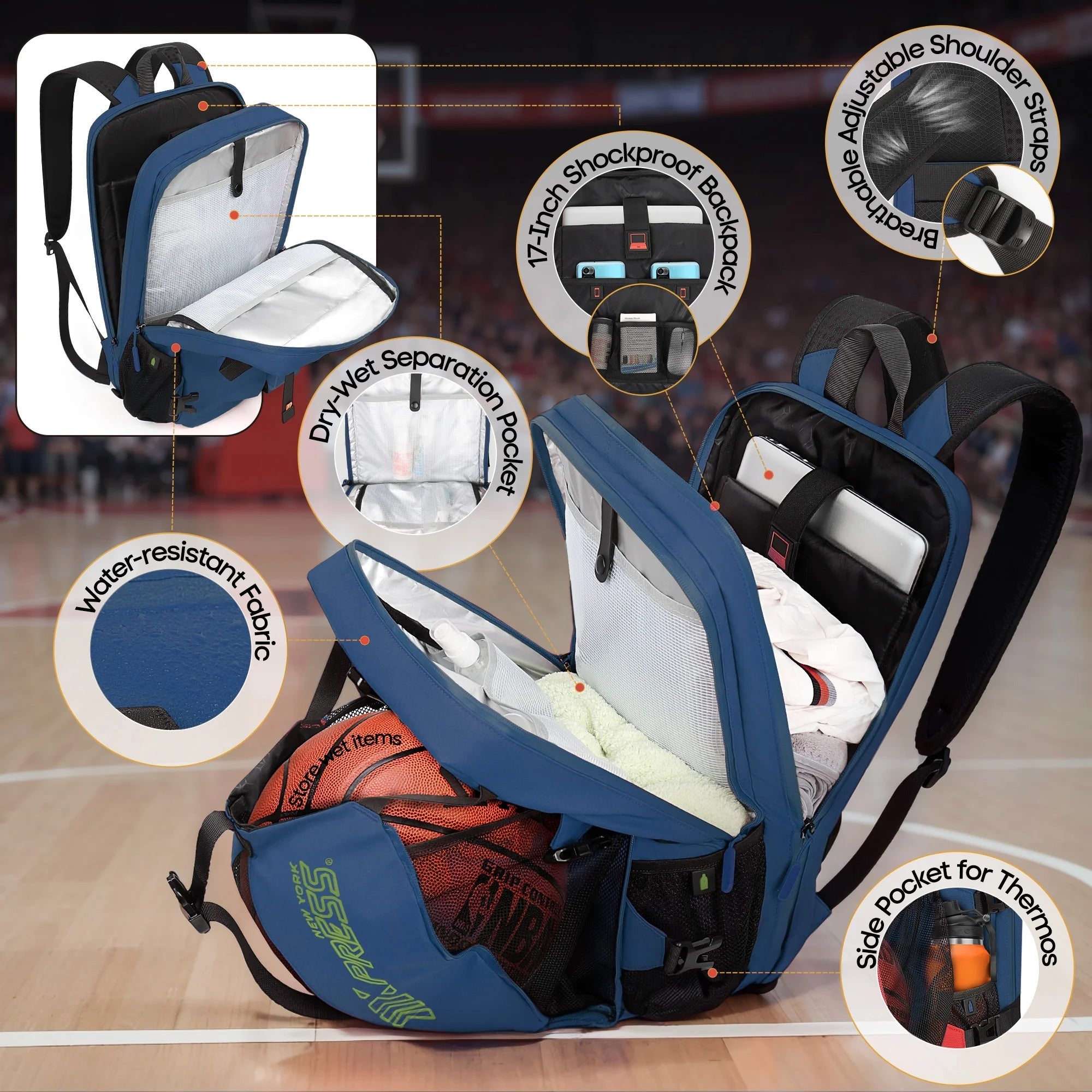 NEW YORK XPRESS B00391 Sports Waterproof Backpack with Ball Holder & Separate Shoe Bag