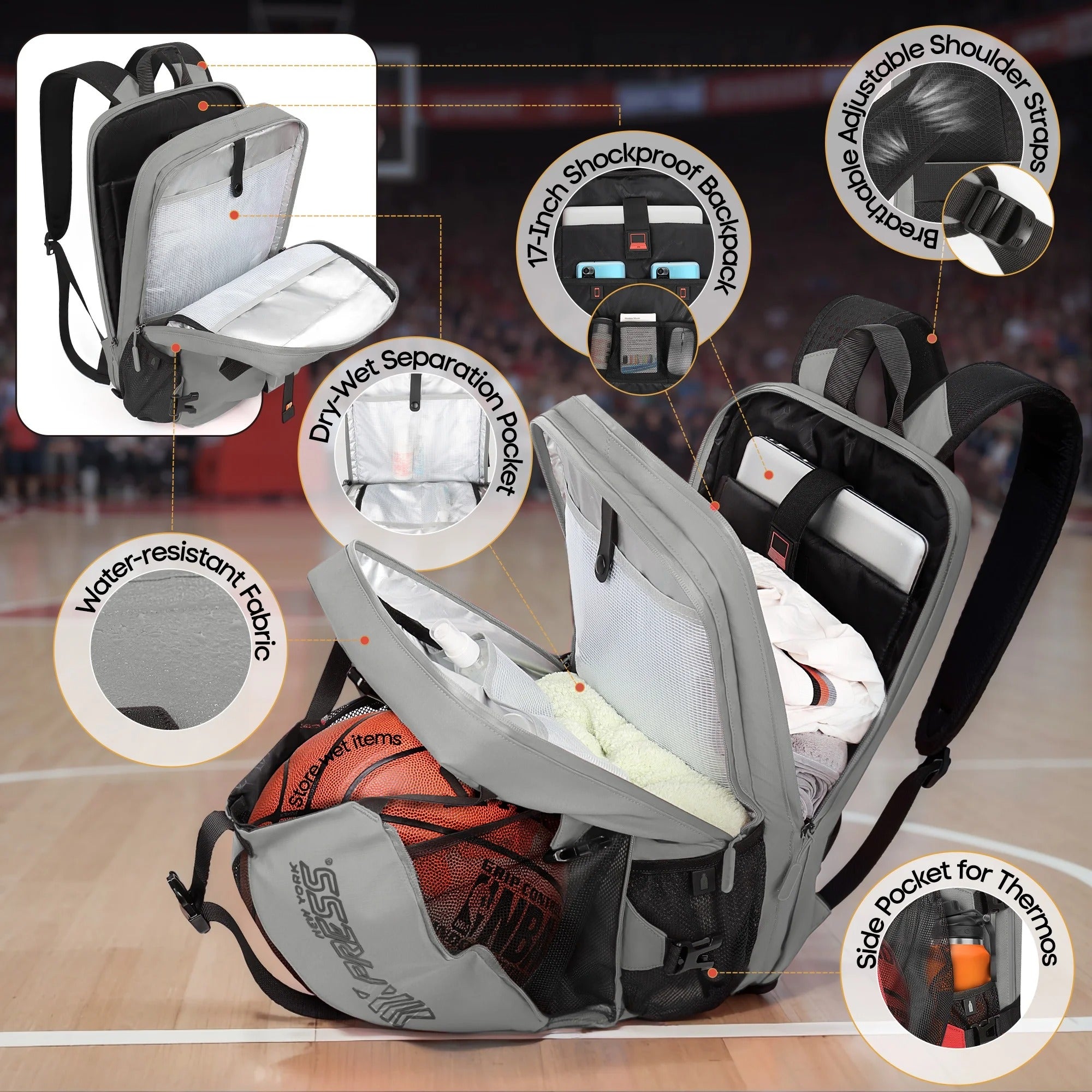NEW YORK XPRESS B00391 Sports Waterproof Backpack with Ball Holder & Separate Shoe Bag
