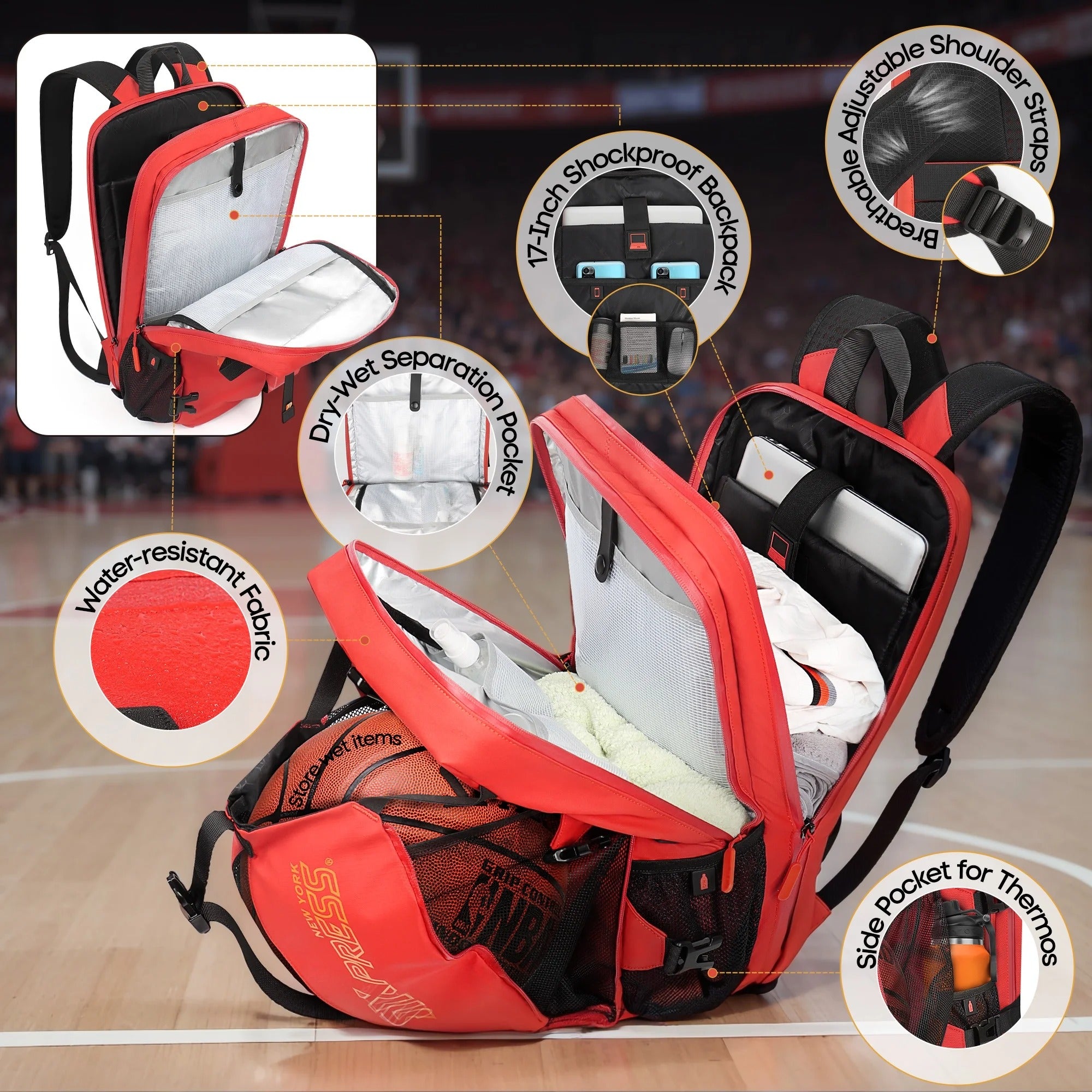 NEW YORK XPRESS B00391 Sports Waterproof Backpack with Ball Holder & Separate Shoe Bag