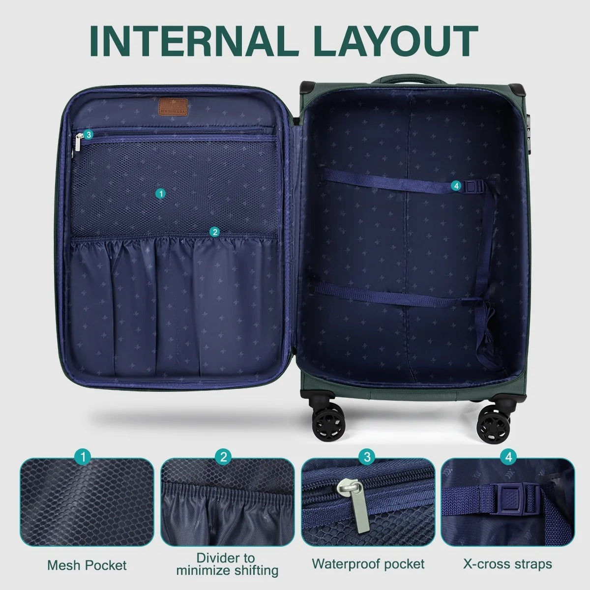 NEW YORK XPRESS XJ-1907 Expandable Soft Shell Spinner Suitcase with TSA Lock, Durable Lightweight Travel Case