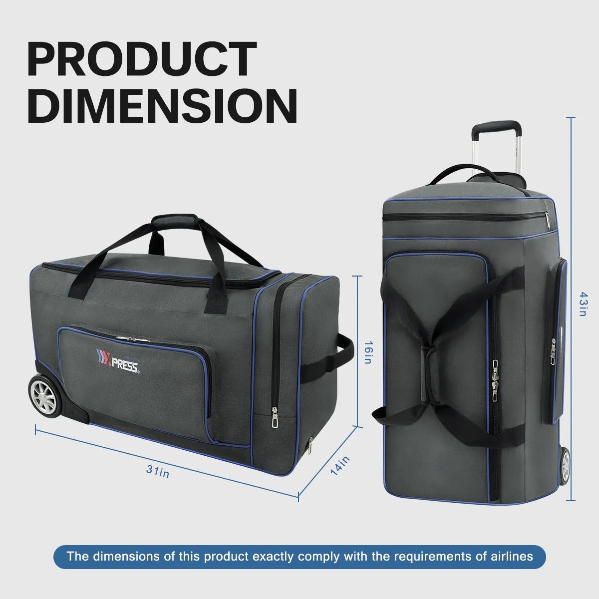 New York XPress 30" Rolling Duffle Bag with Telescopic Handle,Large Collapsible Luggage Bag with Wheels,Grey Travel Duffel Bag for Short Trip Business Outdoor