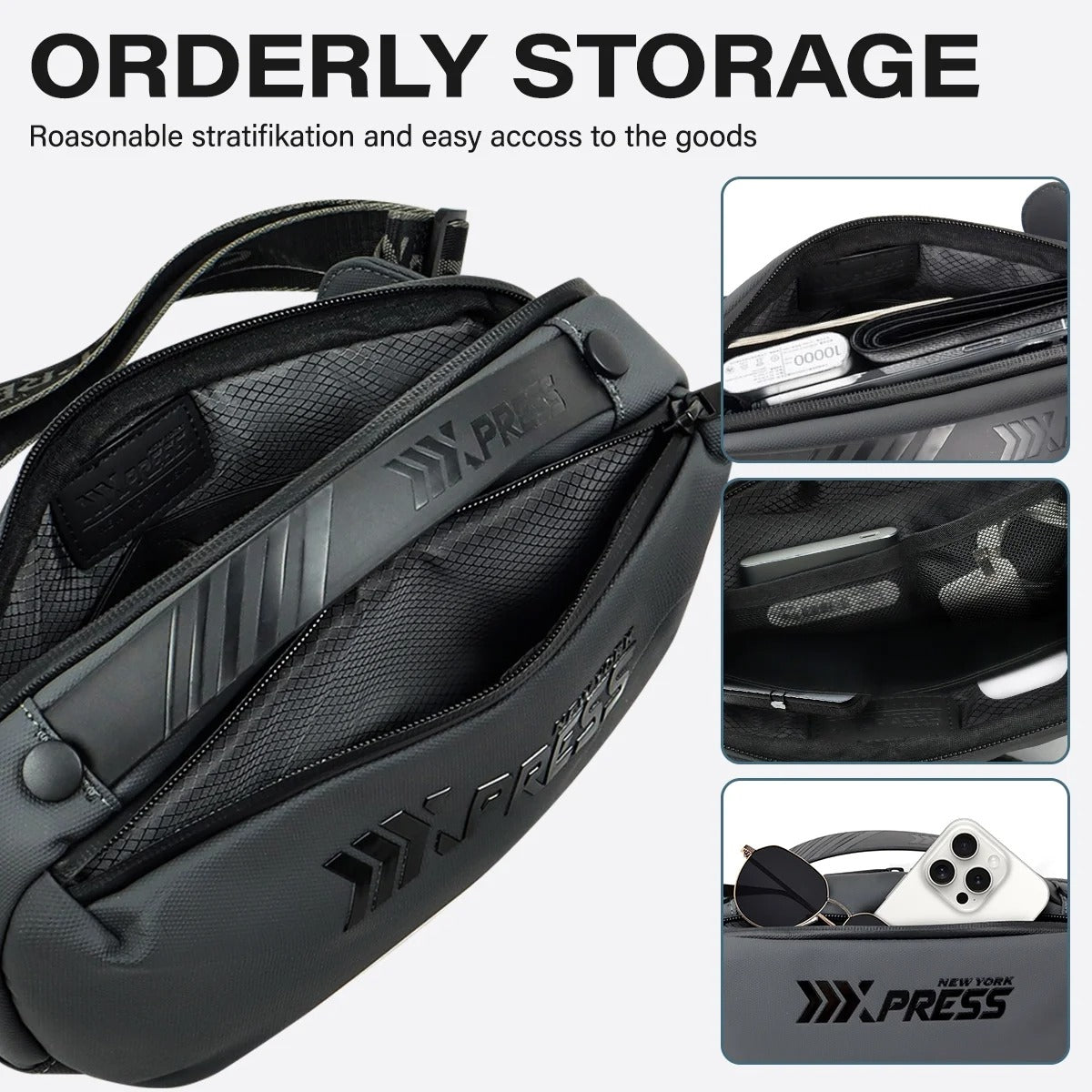 NEW YORK XPRESS Crossbody Fanny Pack for Men, Waterproof Waist Bag with 3 Zipper Pockets & Handle, Anti Theft Chest Bag for Travel Walking Running Hiking Use