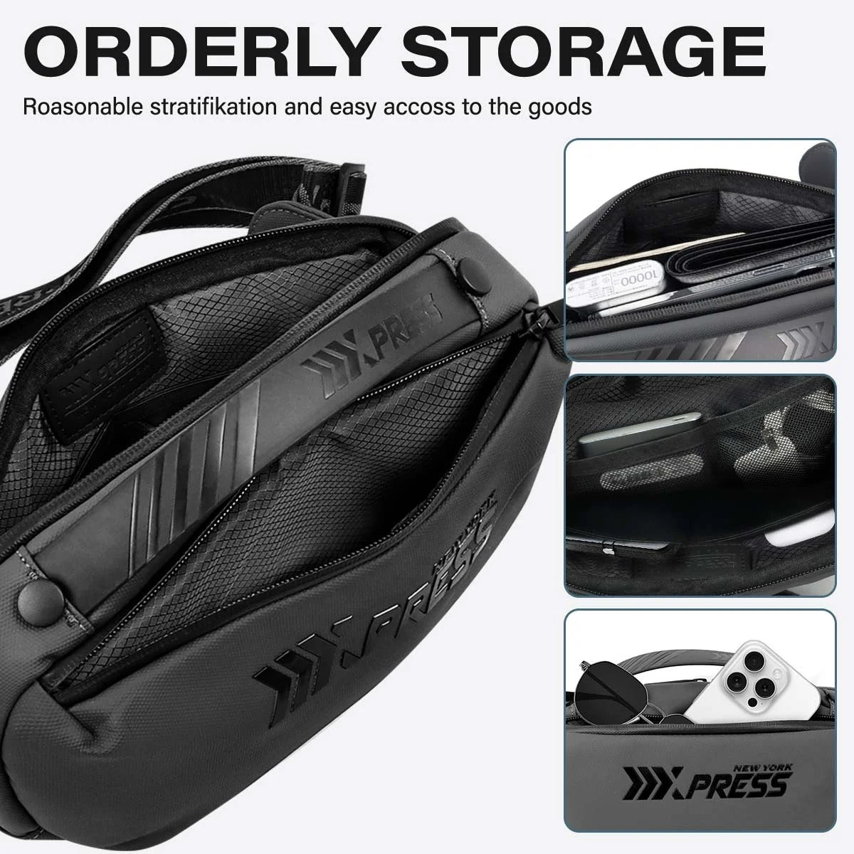 NEW YORK XPRESS Crossbody Fanny Pack for Men, Waterproof Waist Bag with 3 Zipper Pockets & Handle, Anti Theft Chest Bag for Travel Walking Running Hiking Use