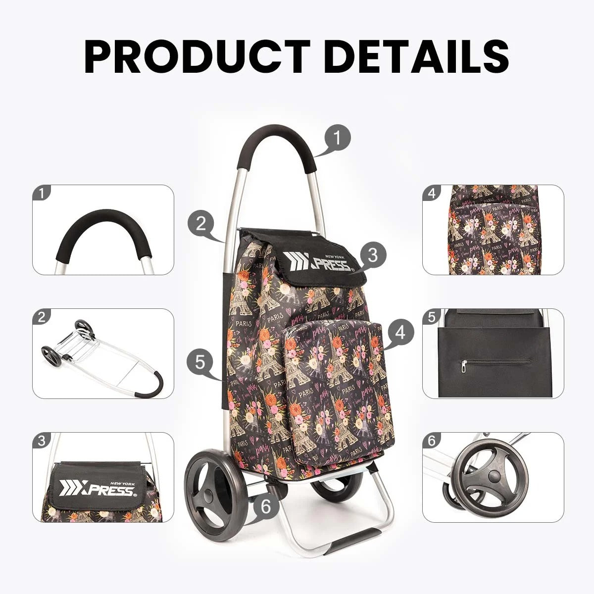 NEW YORK XPRESS 2 in 1 Shopping Carts for Groceries, Folding Shopping Cart with Wheels & Waterproof Removable Bag, Folding Hand Truck Dolly