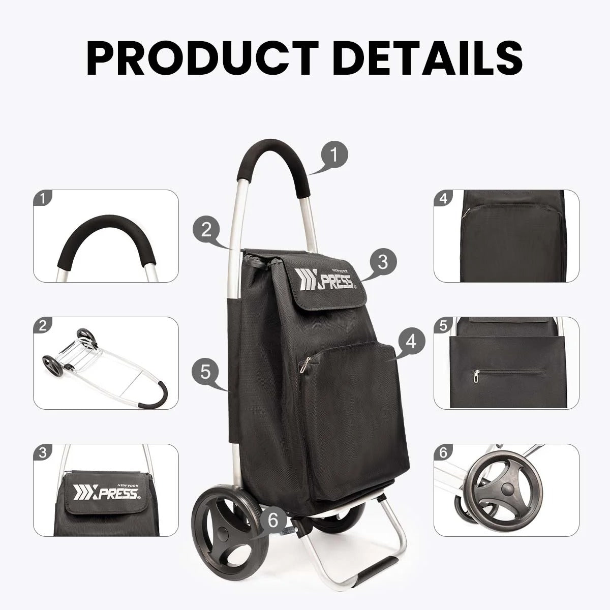 NEW YORK XPRESS 2 in 1 Shopping Carts for Groceries, Folding Shopping Cart with Wheels & Waterproof Removable Bag, Folding Hand Truck Dolly