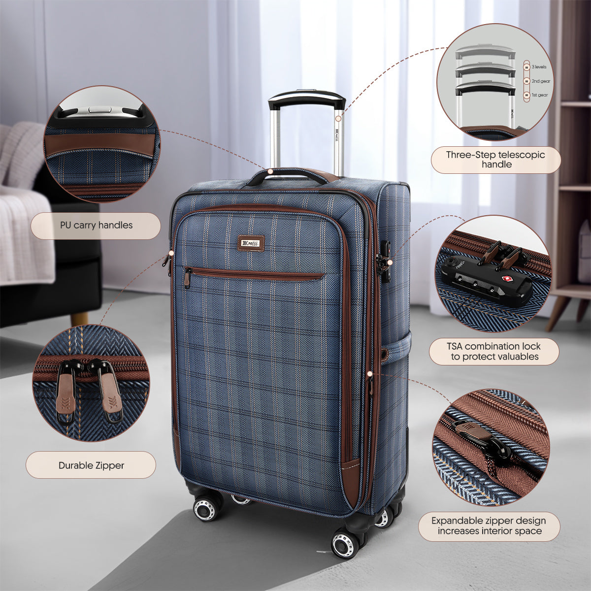New York XPress XJ-2511-20'' Carry on Suitcase,26in/30in Softside Luggage w/TSA LOCK-Travel Luggage for Men Women