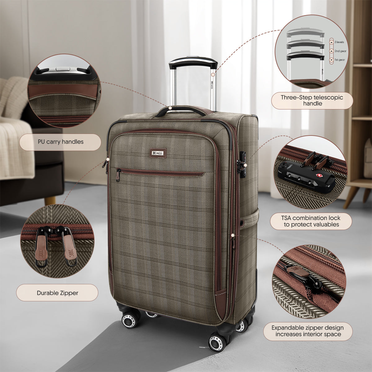New York XPress XJ-2511-20'' Carry on Suitcase,26in/30in Softside Luggage w/TSA LOCK-Travel Luggage for Men Women
