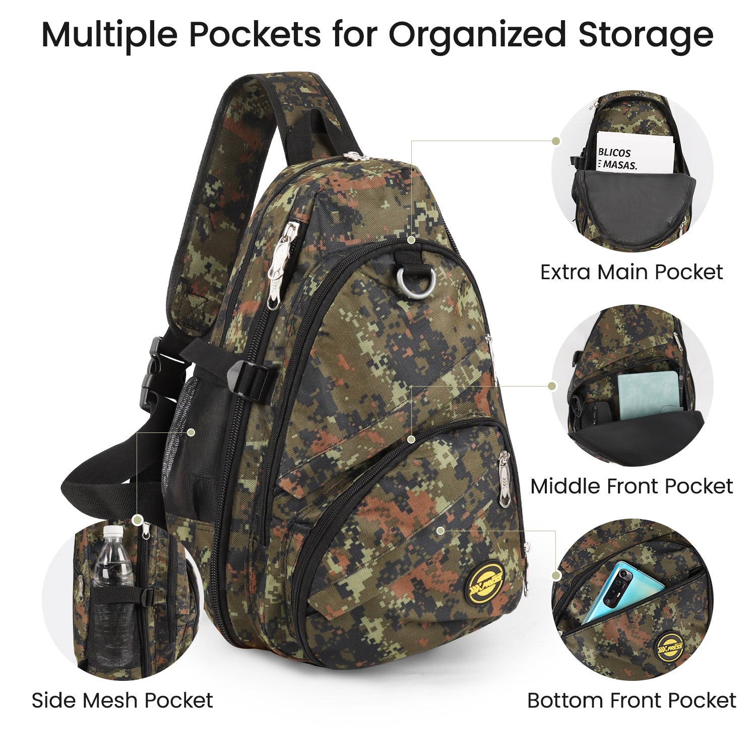 New York XPress Camouflage Crossbody Sling Bags for Men/Women w/Adjustable Strap,Expandable 14–25L,for Sports Hiking Daypack