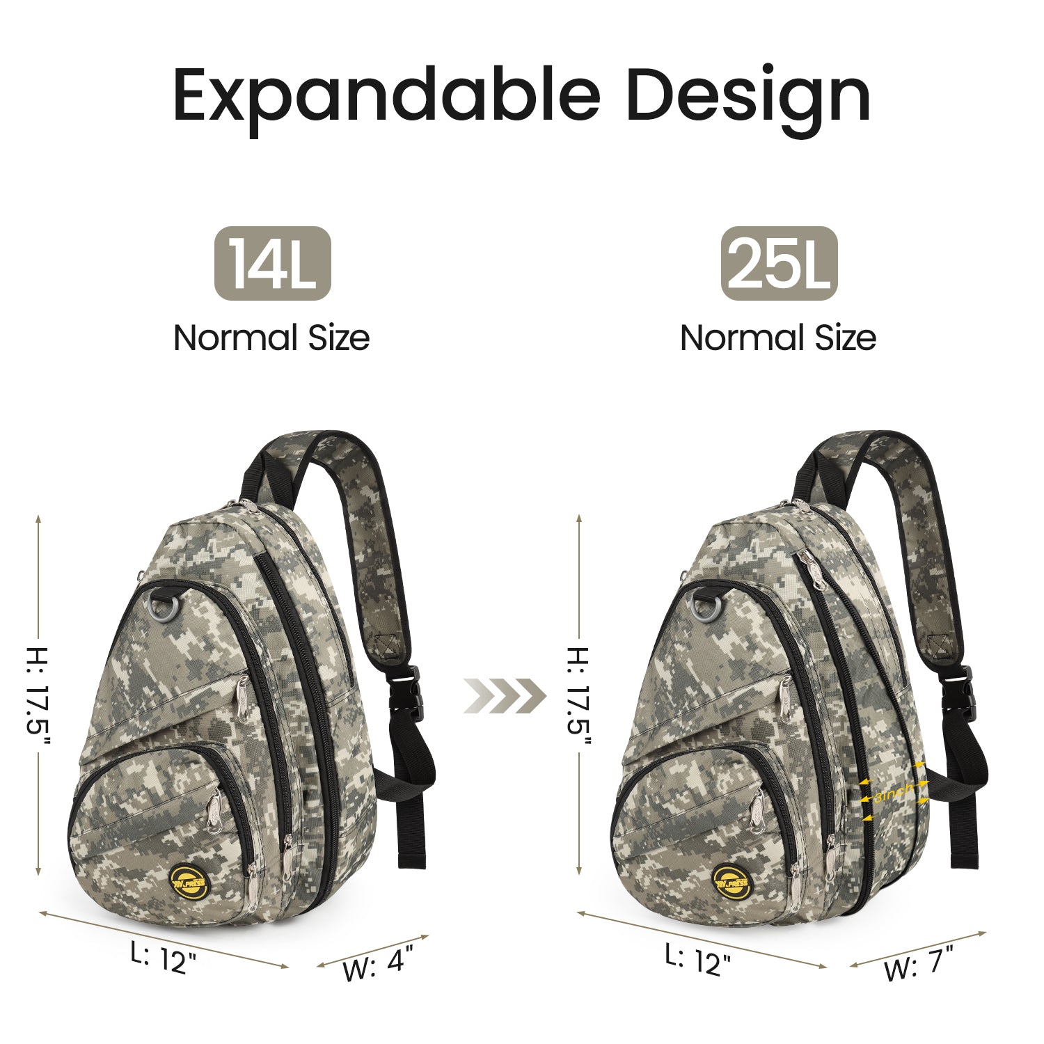 New York XPress Camouflage Crossbody Sling Bags for Men/Women w/Adjustable Strap,Expandable 14–25L,for Sports Hiking Daypack