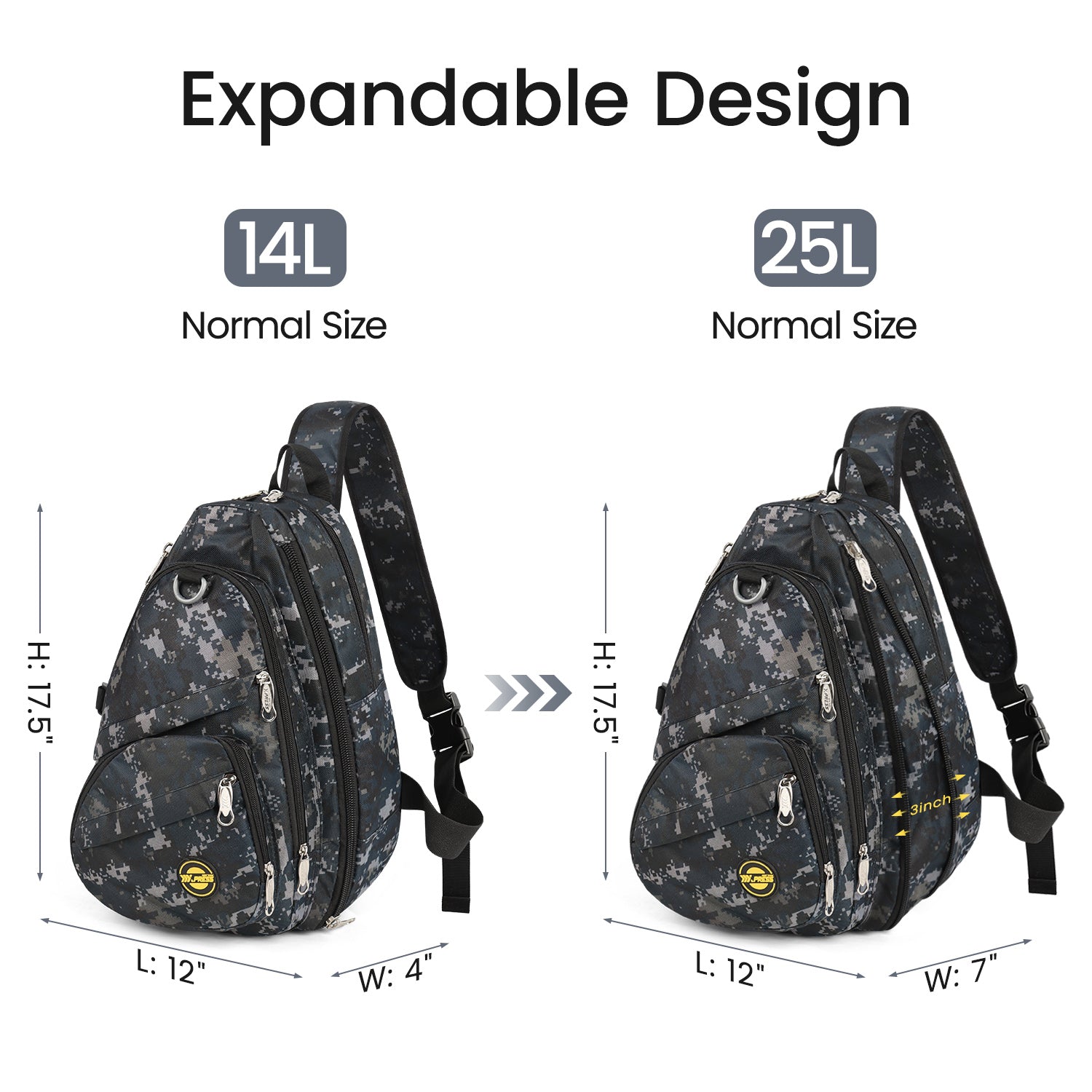 New York XPress Camouflage Crossbody Sling Bags for Men/Women w/Adjustable Strap,Expandable 14–25L,for Sports Hiking Daypack