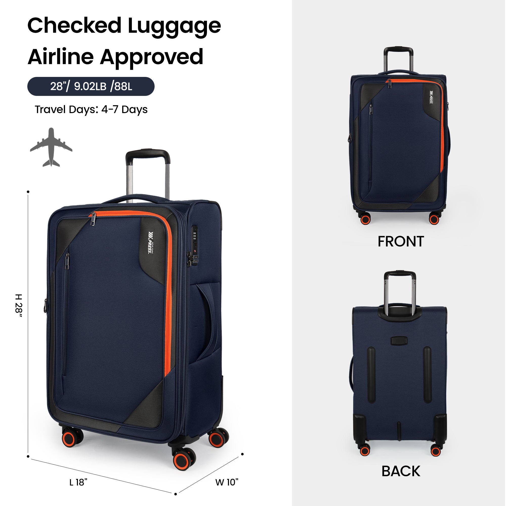 New York XPress WD-8818 Single Suitcase 20''/26''/30'',Softside Suitcase with TSA LOCK,Expandable 20% Luggage with Spinner Wheels,Tear-Resistant