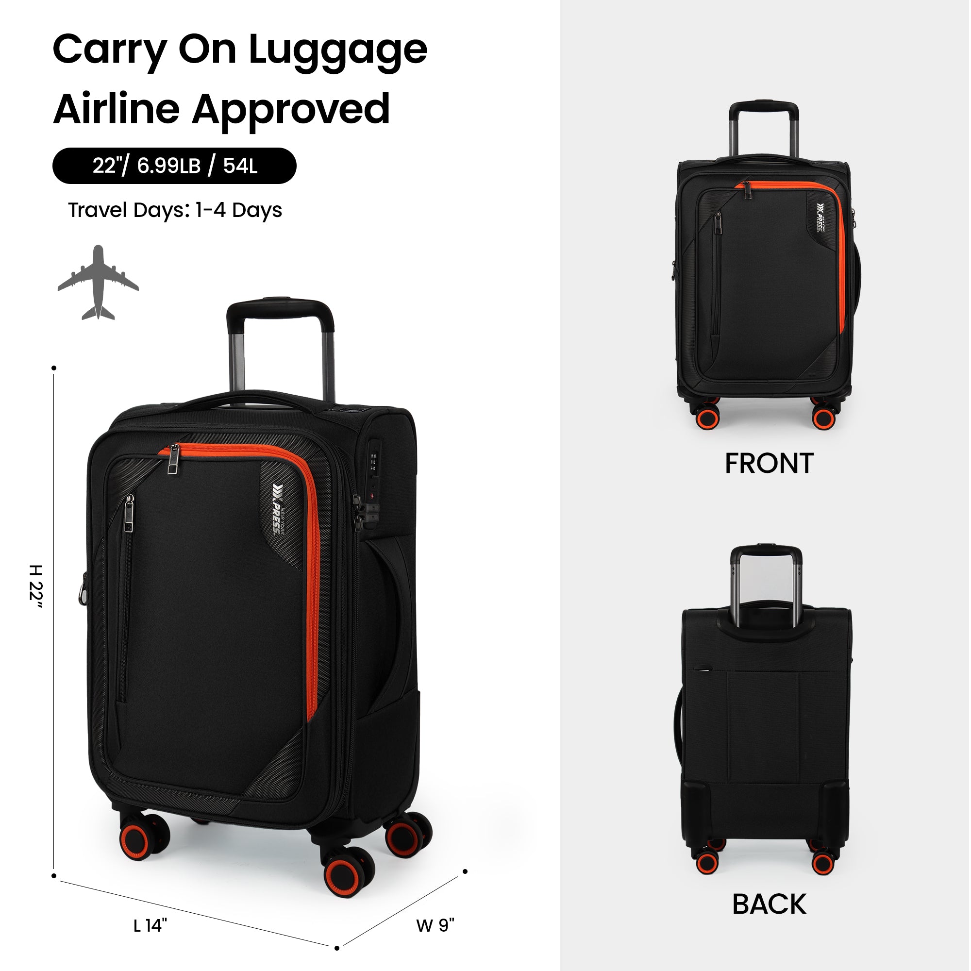 New York XPress WD-8818 Single Suitcase 20''/26''/30'',Softside Suitcase with TSA LOCK,Expandable 20% Luggage with Spinner Wheels,Tear-Resistant