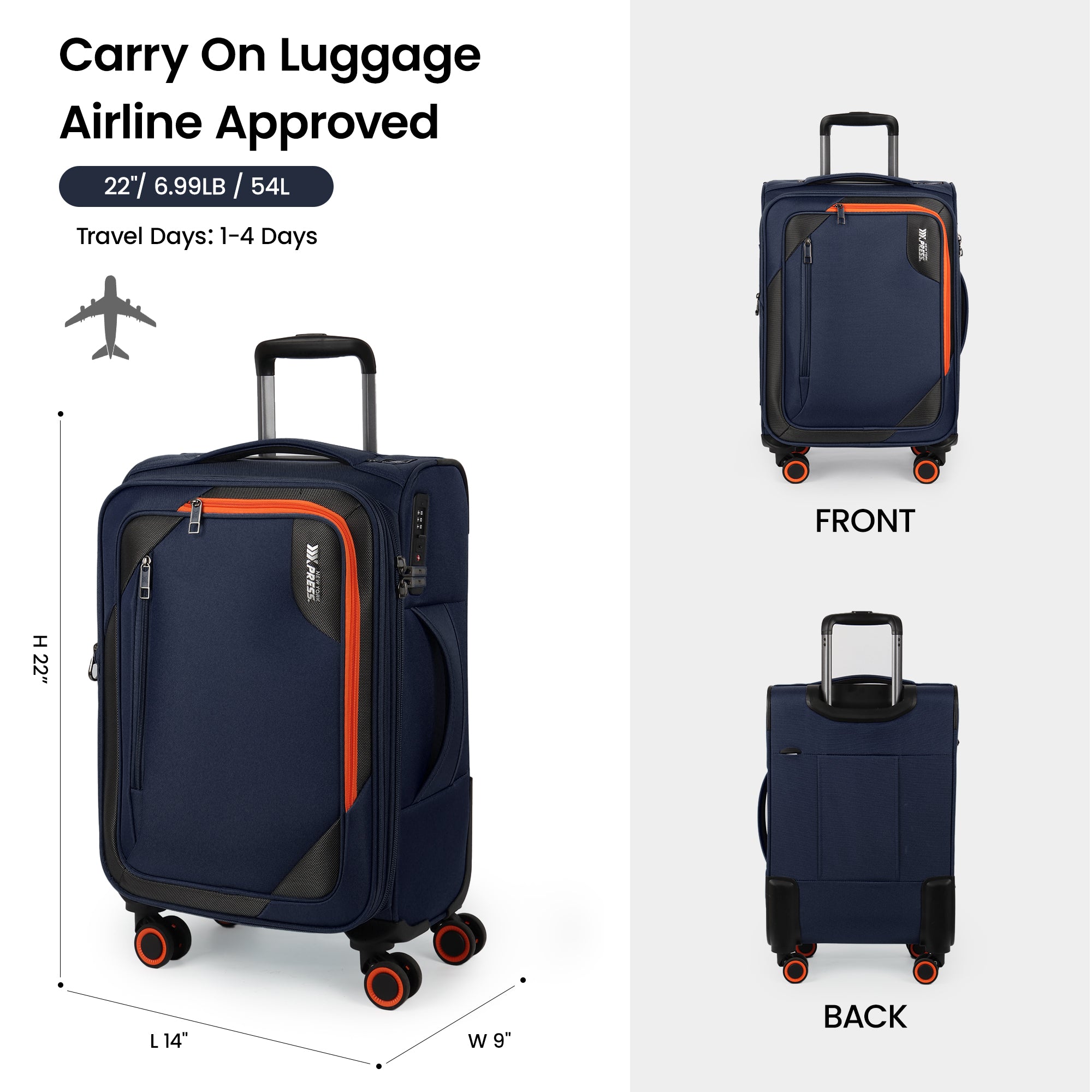 New York XPress WD-8818 Single Suitcase 20''/26''/30'',Softside Suitcase with TSA LOCK,Expandable 20% Luggage with Spinner Wheels,Tear-Resistant