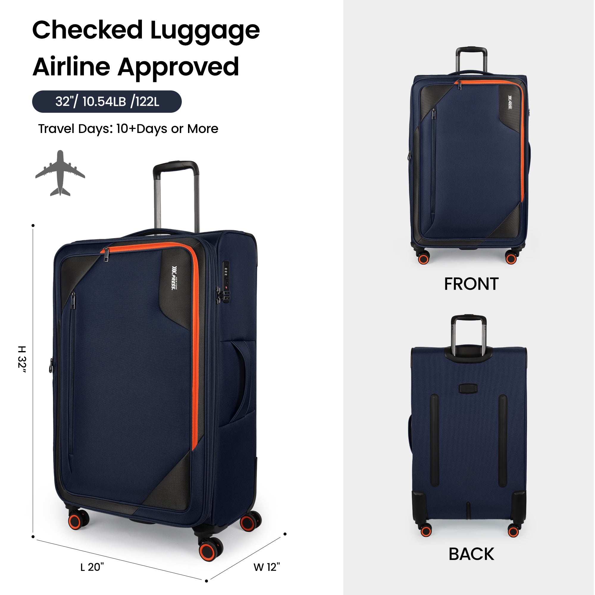 New York XPress WD-8818 Single Suitcase 20''/26''/30'',Softside Suitcase with TSA LOCK,Expandable 20% Luggage with Spinner Wheels,Tear-Resistant