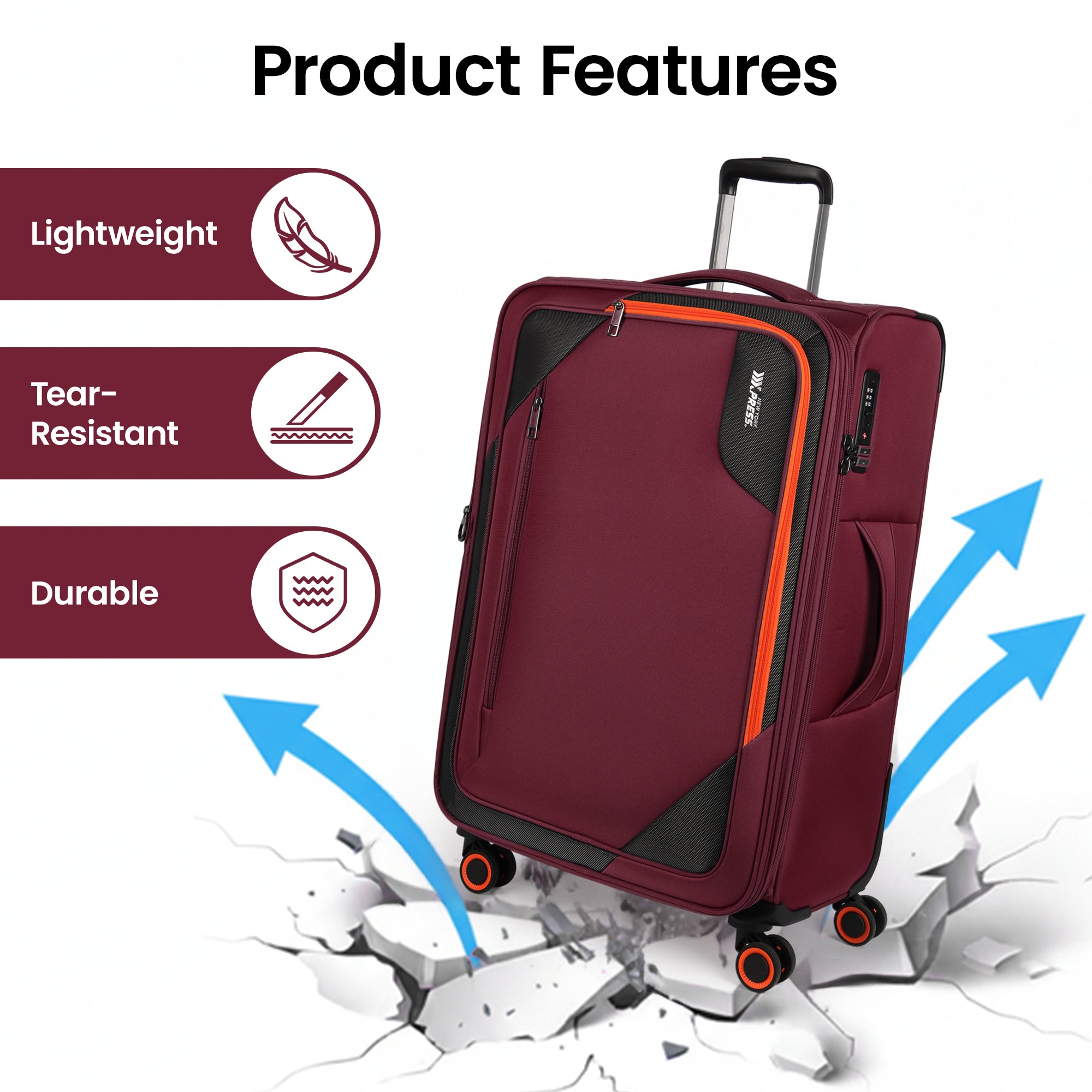 New York XPress WD-8818 Single Suitcase 20''/26''/30'',Softside Suitcase with TSA LOCK,Expandable 20% Luggage with Spinner Wheels,Tear-Resistant