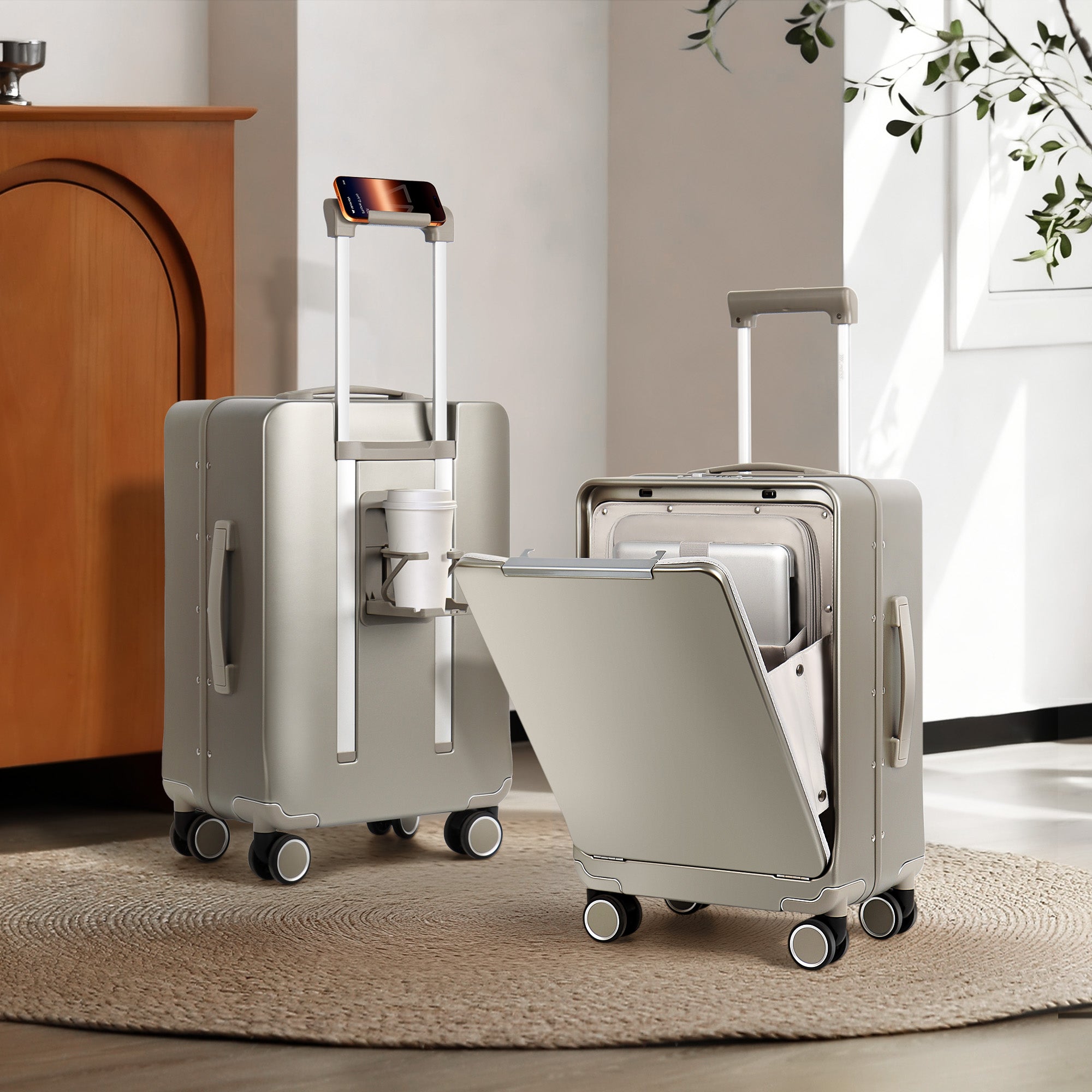 New York XPress LA-266, 20'' Carry on Luggage with Front Pocket & Cup Holder,Suitcase with Aluminum Frame,PC Hard Shell Suitcases w/TSA LOCK