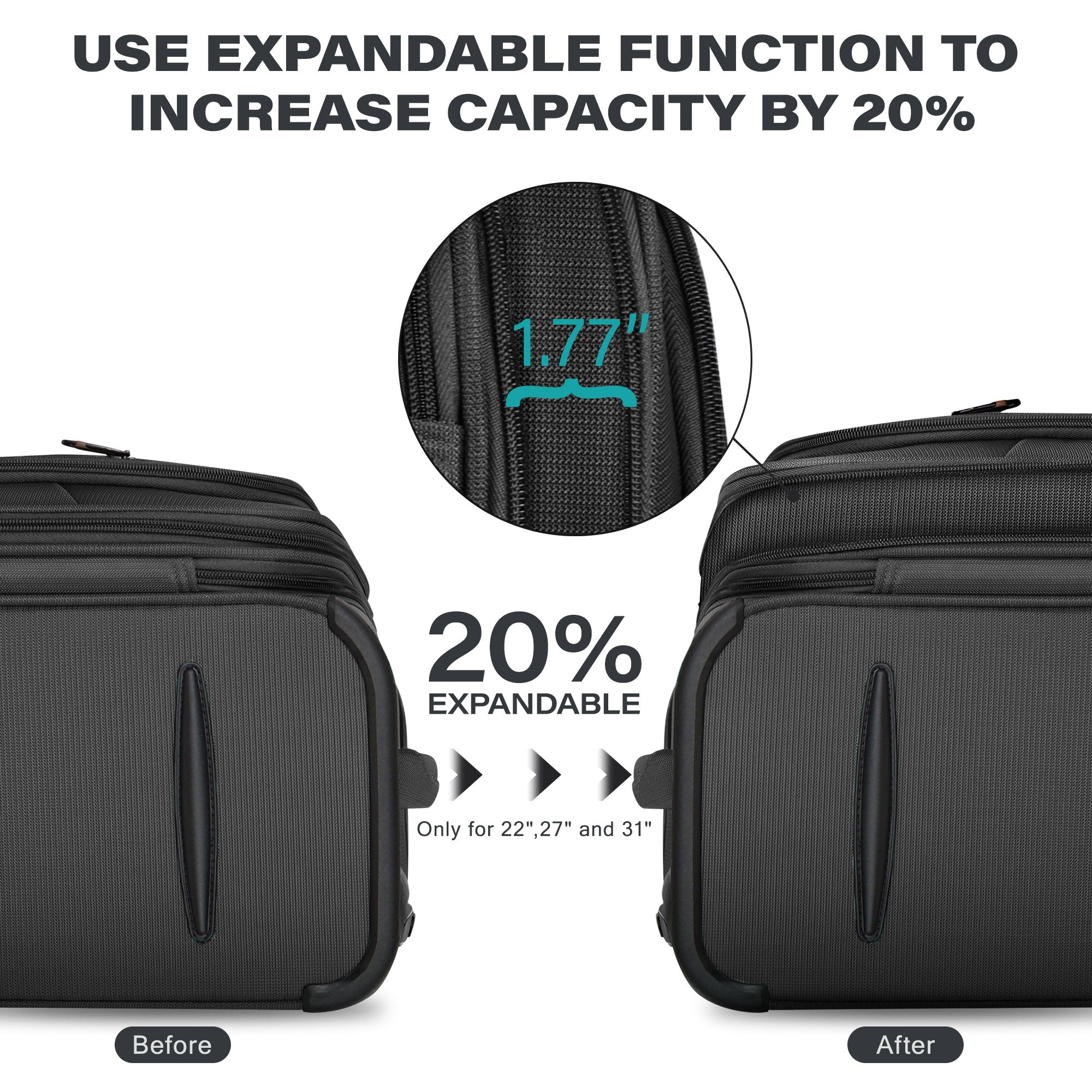 New York XPress XJ-1907,20in/24in/28in-Expandable 20% Luggage-Suitcases with Wheels Hardshell-Softside Luggage-Charcoal Material w/TSA LOCK