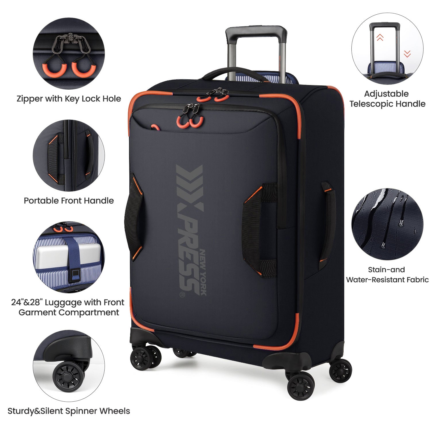 New York XPress TA-8353,20" Luggage, 24in/28in Softside Suitcase w/Double Spinner Wheels, Waterproof,Lightweight Rolling Suitcases for Men/Women
