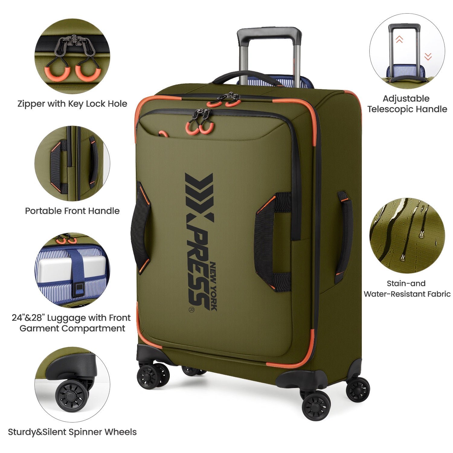 New York XPress TA-8353,20" Luggage, 24in/28in Softside Suitcase w/Double Spinner Wheels, Waterproof,Lightweight Rolling Suitcases for Men/Women