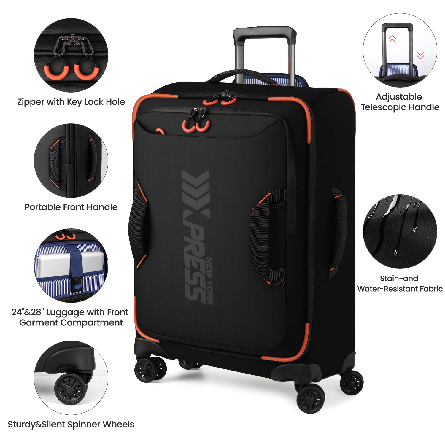 New York XPress TA-8353,20" Luggage, 24in/28in Softside Suitcase w/Double Spinner Wheels, Waterproof,Lightweight Rolling Suitcases for Men/Women