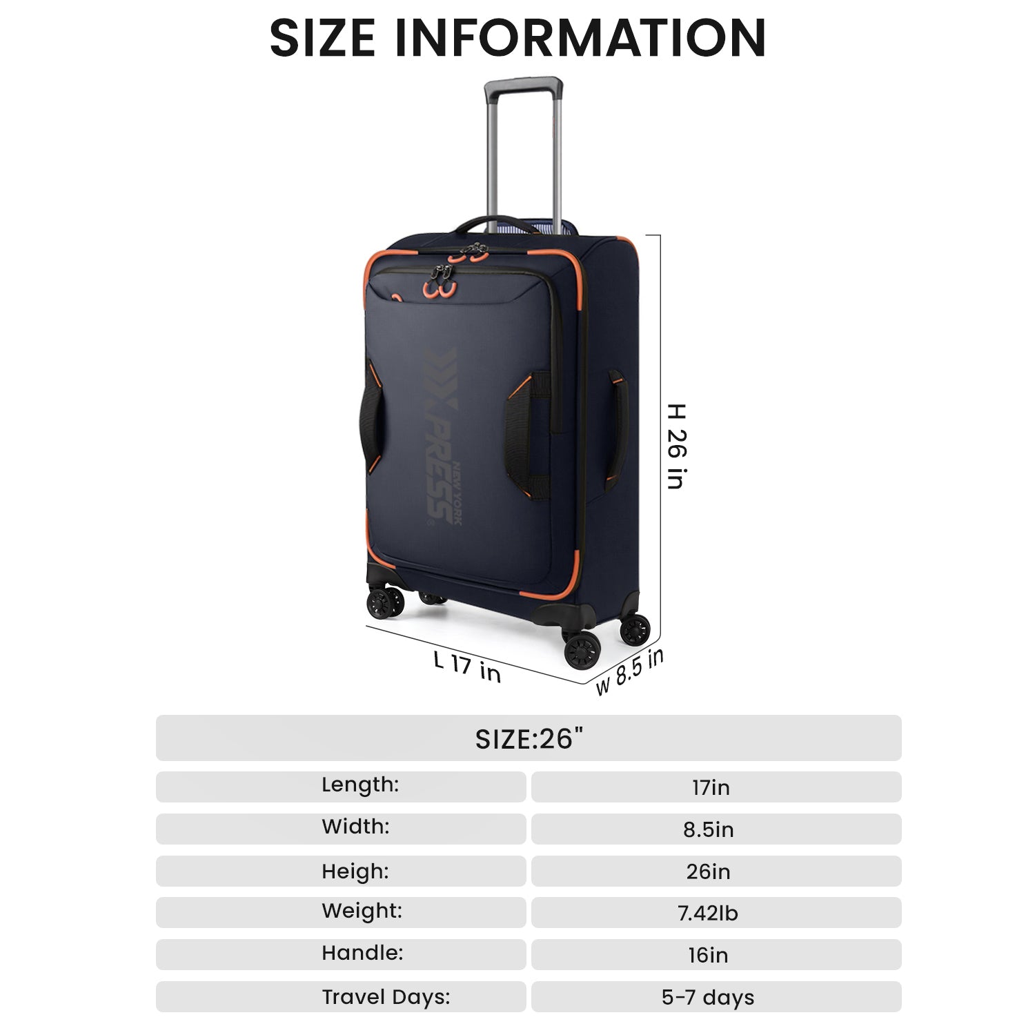 New York XPress TA-8353,20" Luggage, 24in/28in Softside Suitcase w/Double Spinner Wheels, Waterproof,Lightweight Rolling Suitcases for Men/Women