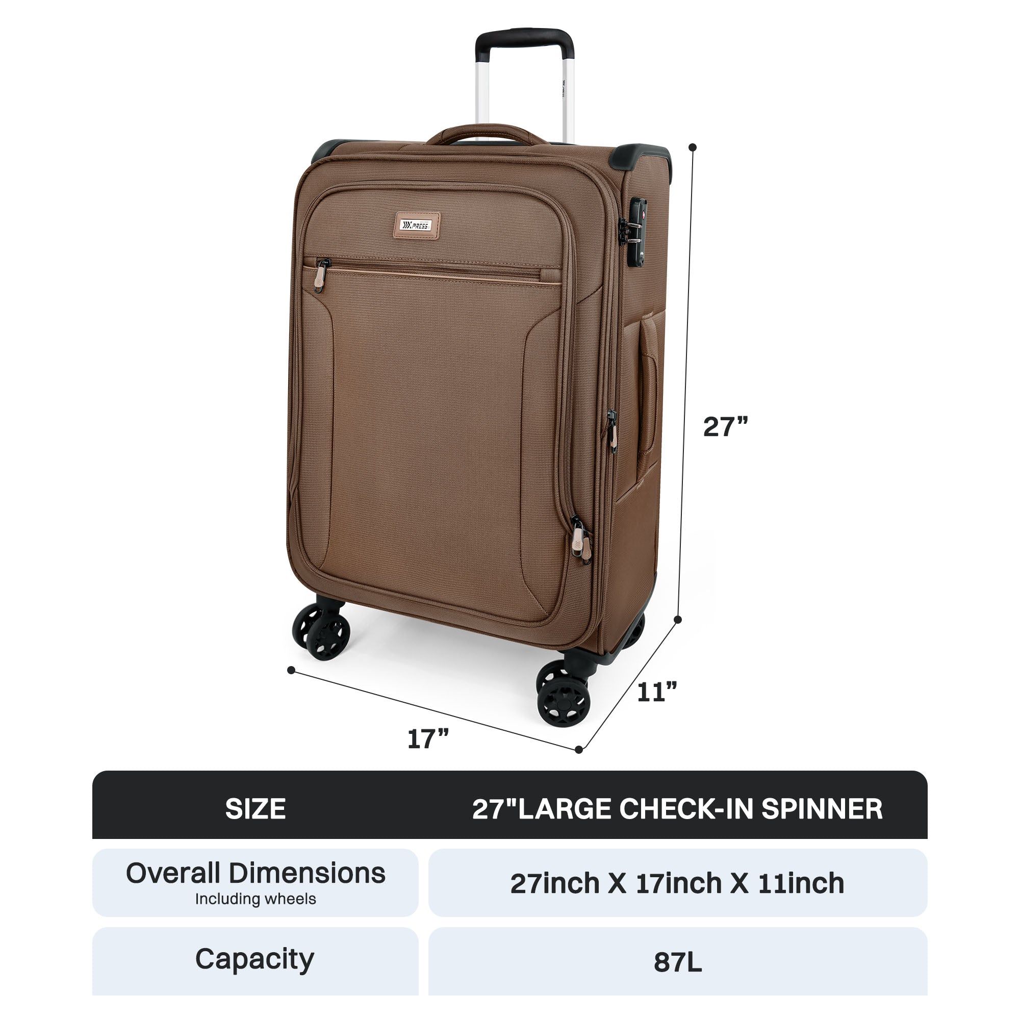 New York XPress XJ-1907,20in/24in/28in-Expandable 20% Luggage-Suitcases with Wheels Hardshell-Softside Luggage-Charcoal Material w/TSA LOCK