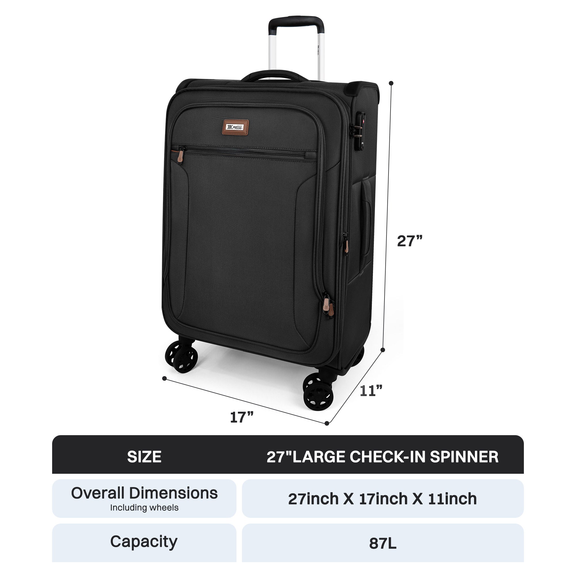 New York XPress XJ-1907,20in/24in/28in-Expandable 20% Luggage-Suitcases with Wheels Hardshell-Softside Luggage-Charcoal Material w/TSA LOCK