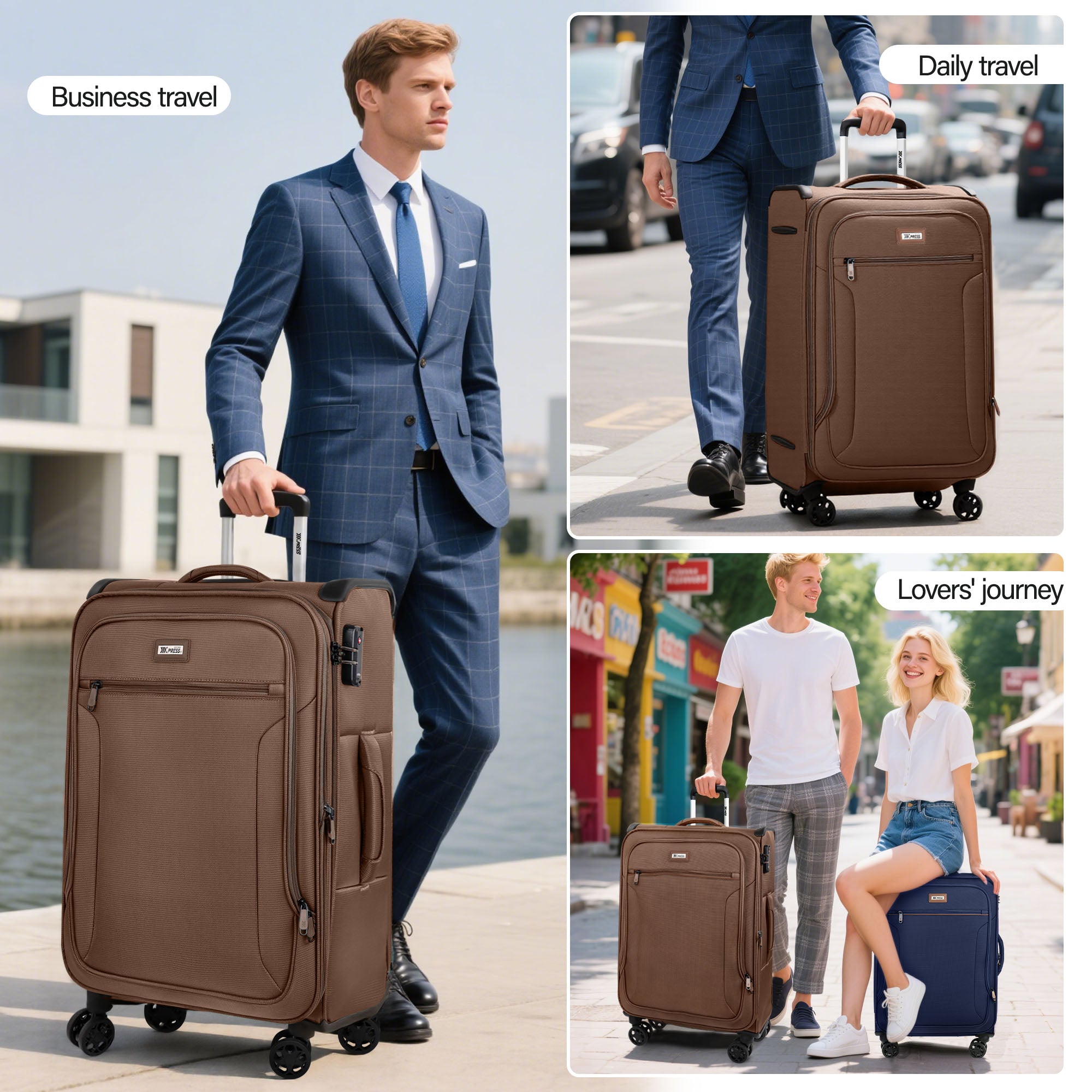 New York XPress XJ-1907,20in/24in/28in-Expandable 20% Luggage-Suitcases with Wheels Hardshell-Softside Luggage-Charcoal Material w/TSA LOCK