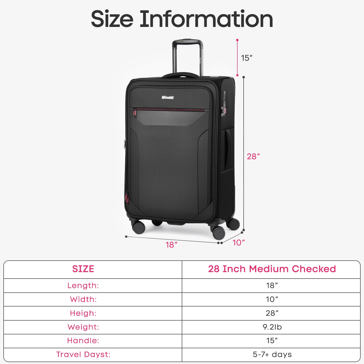 New York XPress WD-8817 Single Suitcase 20''/26''/30'',Lightweight Carry-On Suitcase with Spinner Wheels and TSA LOCK,Upright Softshell Luggage