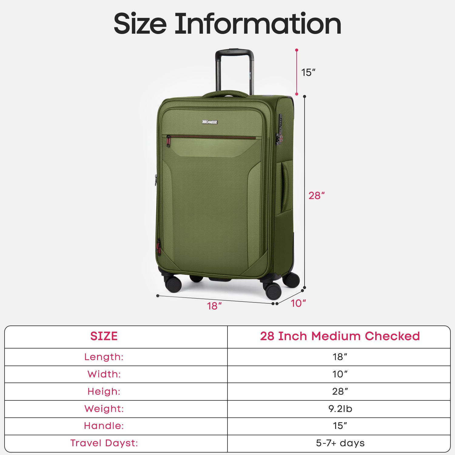New York XPress WD-8817 Single Suitcase 20''/26''/30'',Lightweight Carry-On Suitcase with Spinner Wheels and TSA LOCK,Upright Softshell Luggage
