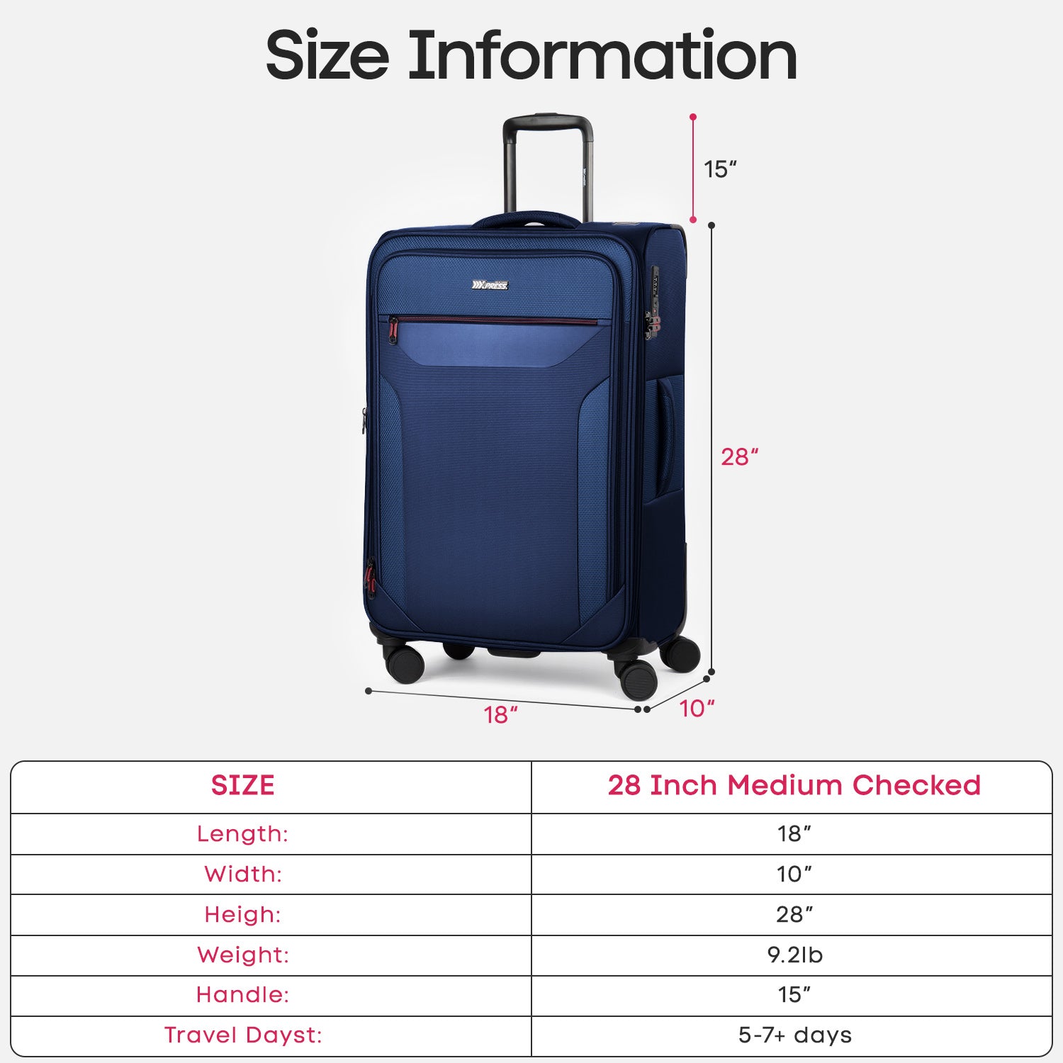 New York XPress WD-8817 Single Suitcase 20''/26''/30'',Lightweight Carry-On Suitcase with Spinner Wheels and TSA LOCK,Upright Softshell Luggage