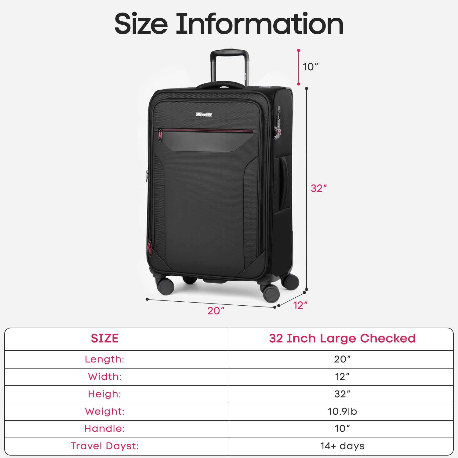 New York XPress WD-8817 Single Suitcase 20''/26''/30'',Lightweight Carry-On Suitcase with Spinner Wheels and TSA LOCK,Upright Softshell Luggage