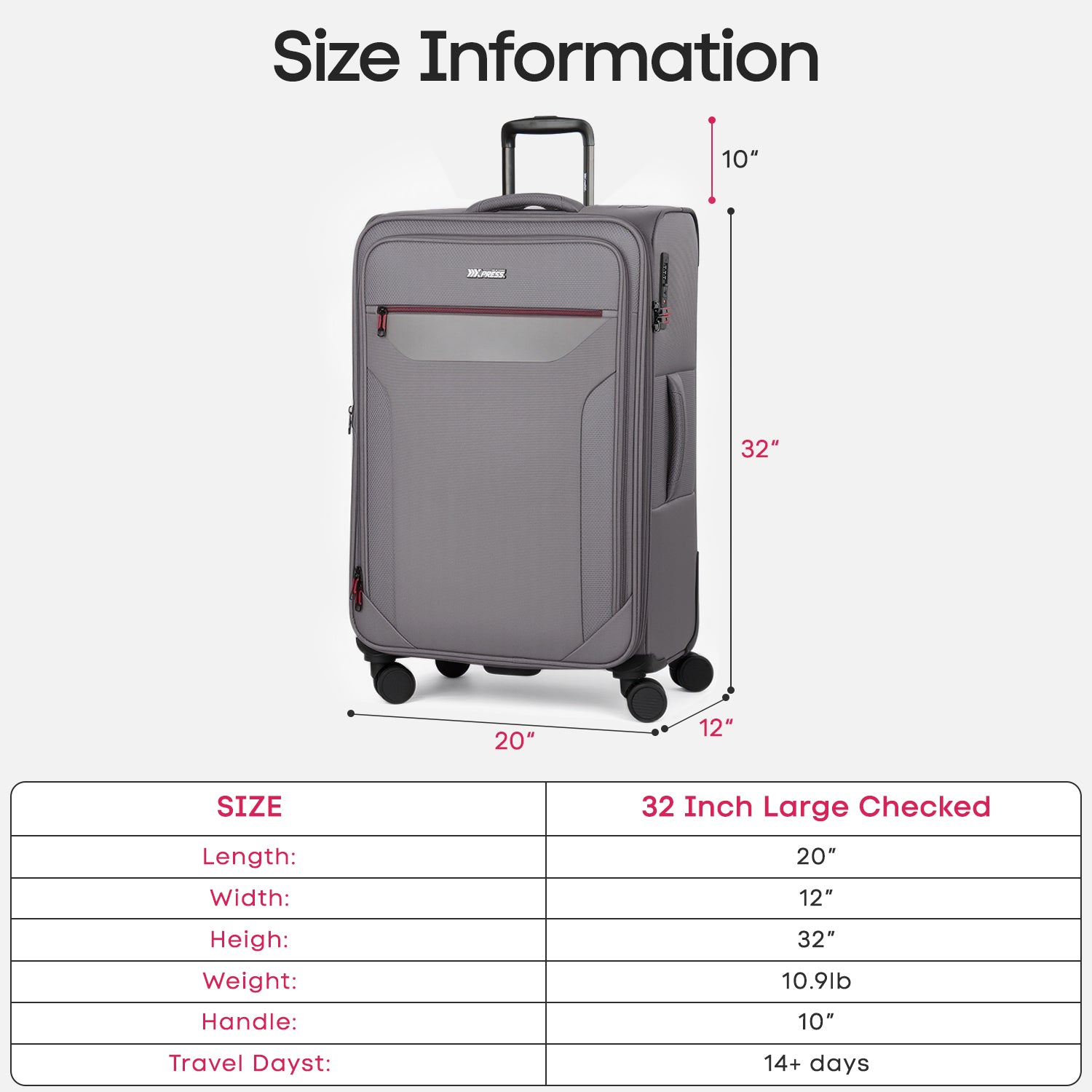 New York XPress WD-8817 Single Suitcase 20''/26''/30'',Lightweight Carry-On Suitcase with Spinner Wheels and TSA LOCK,Upright Softshell Luggage