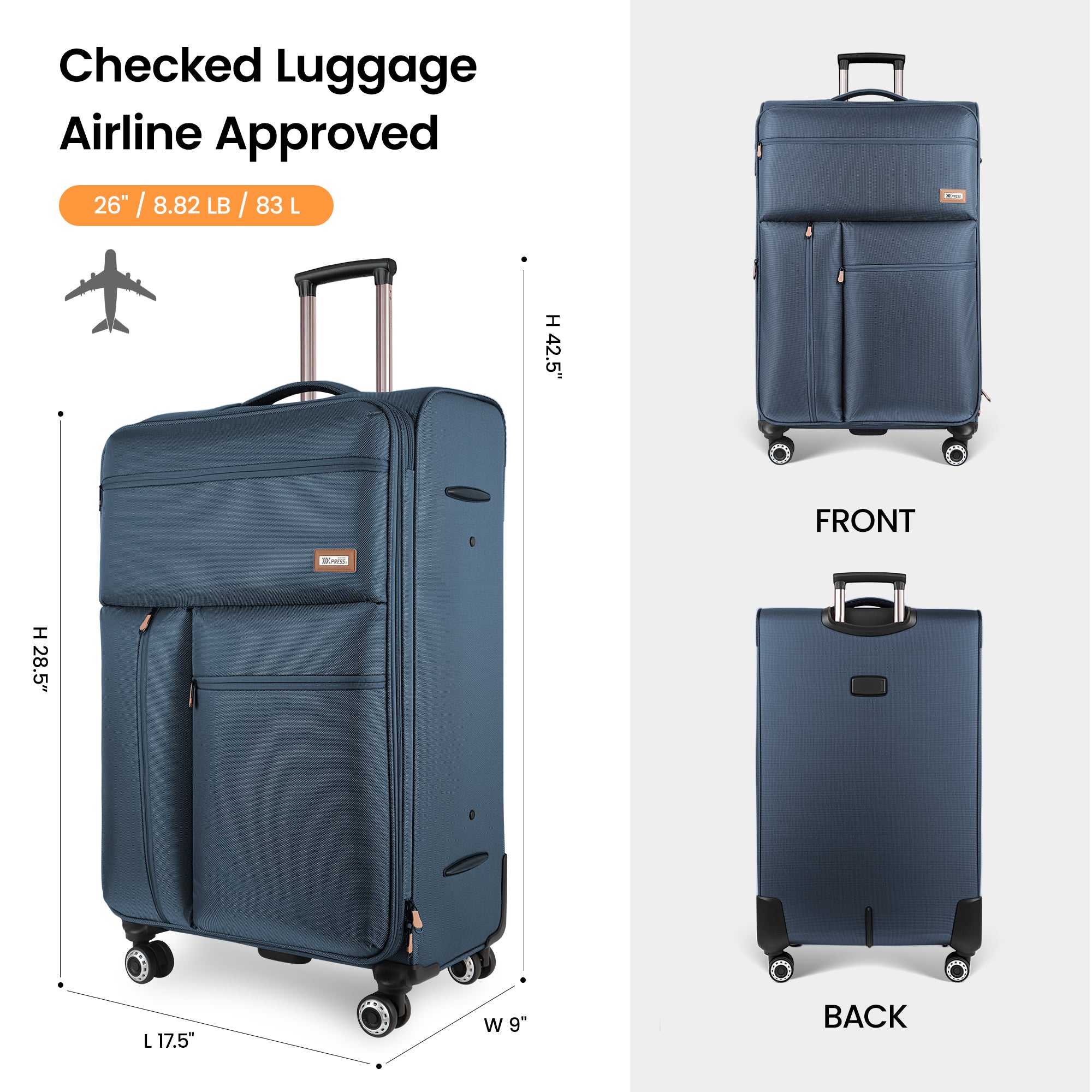 New York XPress XJ 1901,20in/26in/30in Softside Expandable Rolling Luggage w/TSA LOCK and Double Spinner Wheels,Lightweight Suitcases for Men Women