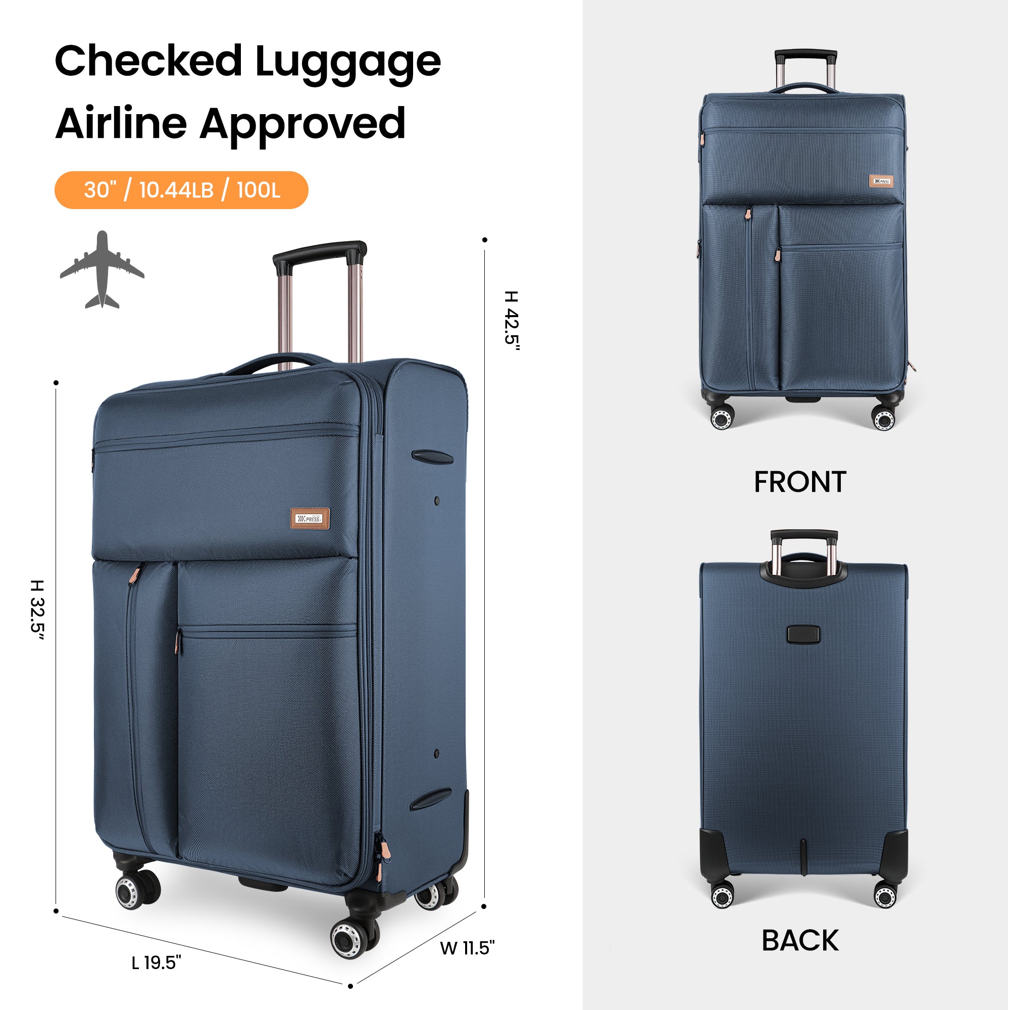 New York XPress XJ 1901,20in/26in/30in Softside Expandable Rolling Luggage w/TSA LOCK and Double Spinner Wheels,Lightweight Suitcases for Men Women