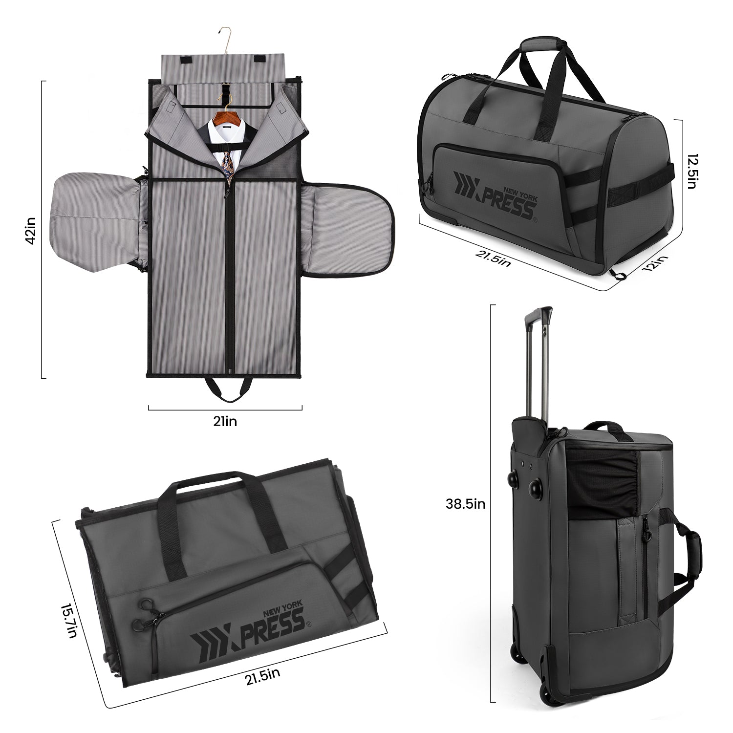 New York XPress GB-161, 2 in 1 Rolling Garment Bag with Wheels,Overnight Bags with Wheels,Rolling Duffle Bag w/Shoes Compartment