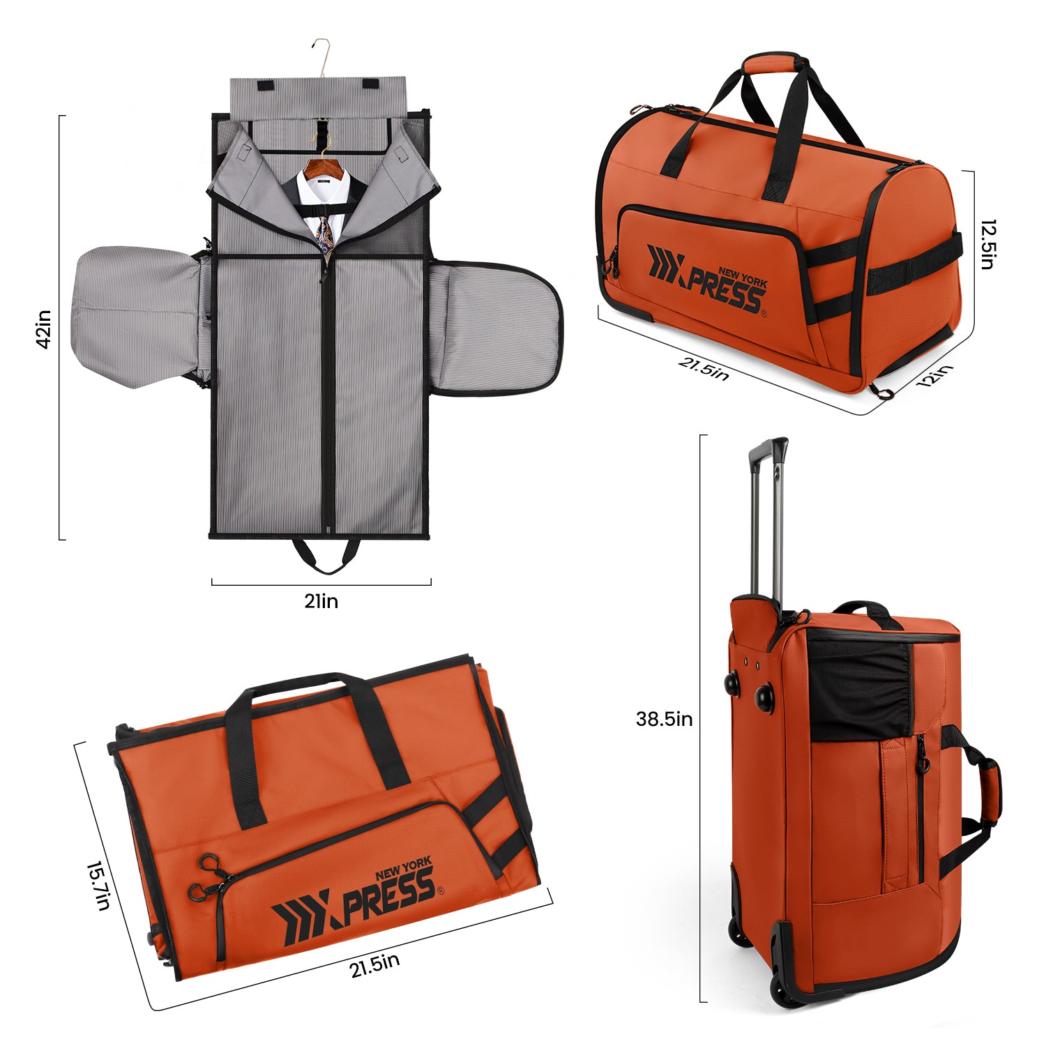 New York XPress GB-161, 2 in 1 Rolling Garment Bag with Wheels,Overnight Bags with Wheels,Rolling Duffle Bag w/Shoes Compartment