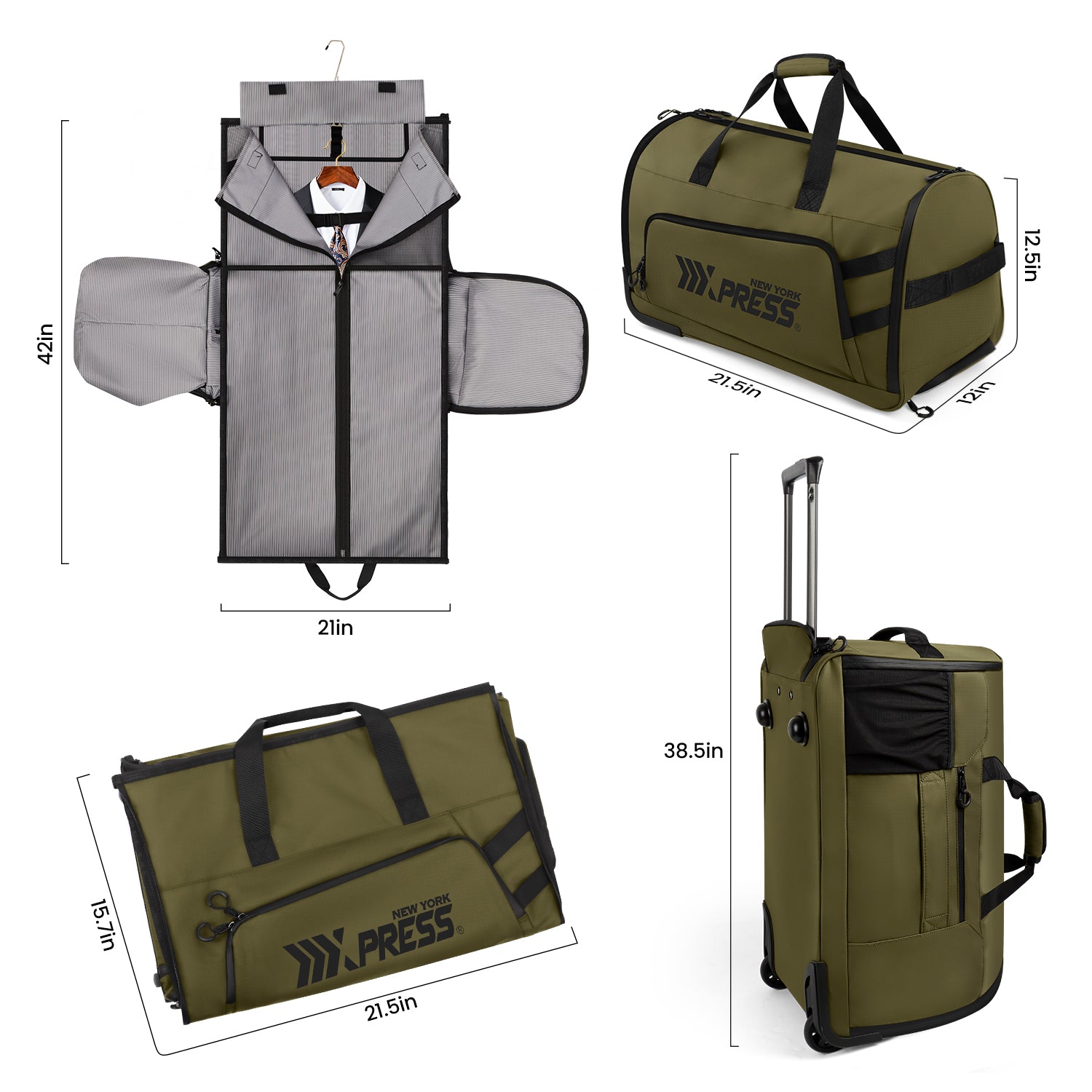 New York XPress GB-161, 2 in 1 Rolling Garment Bag with Wheels,Overnight Bags with Wheels,Rolling Duffle Bag w/Shoes Compartment