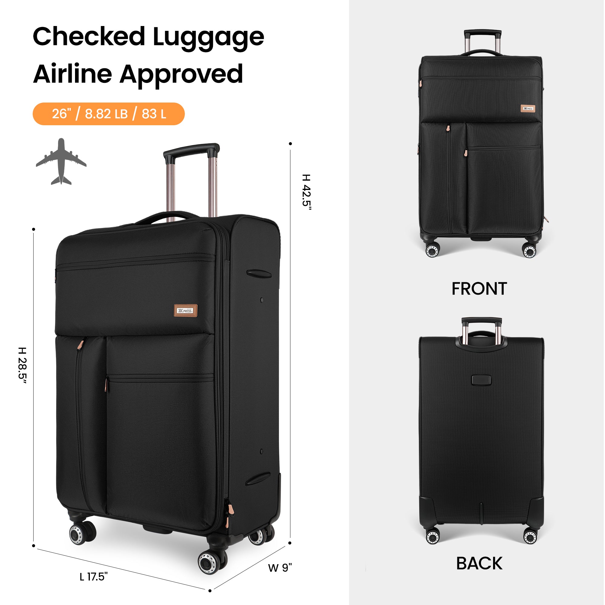 New York XPress XJ 1901,20in/26in/30in Softside Expandable Rolling Luggage w/TSA LOCK and Double Spinner Wheels,Lightweight Suitcases for Men Women