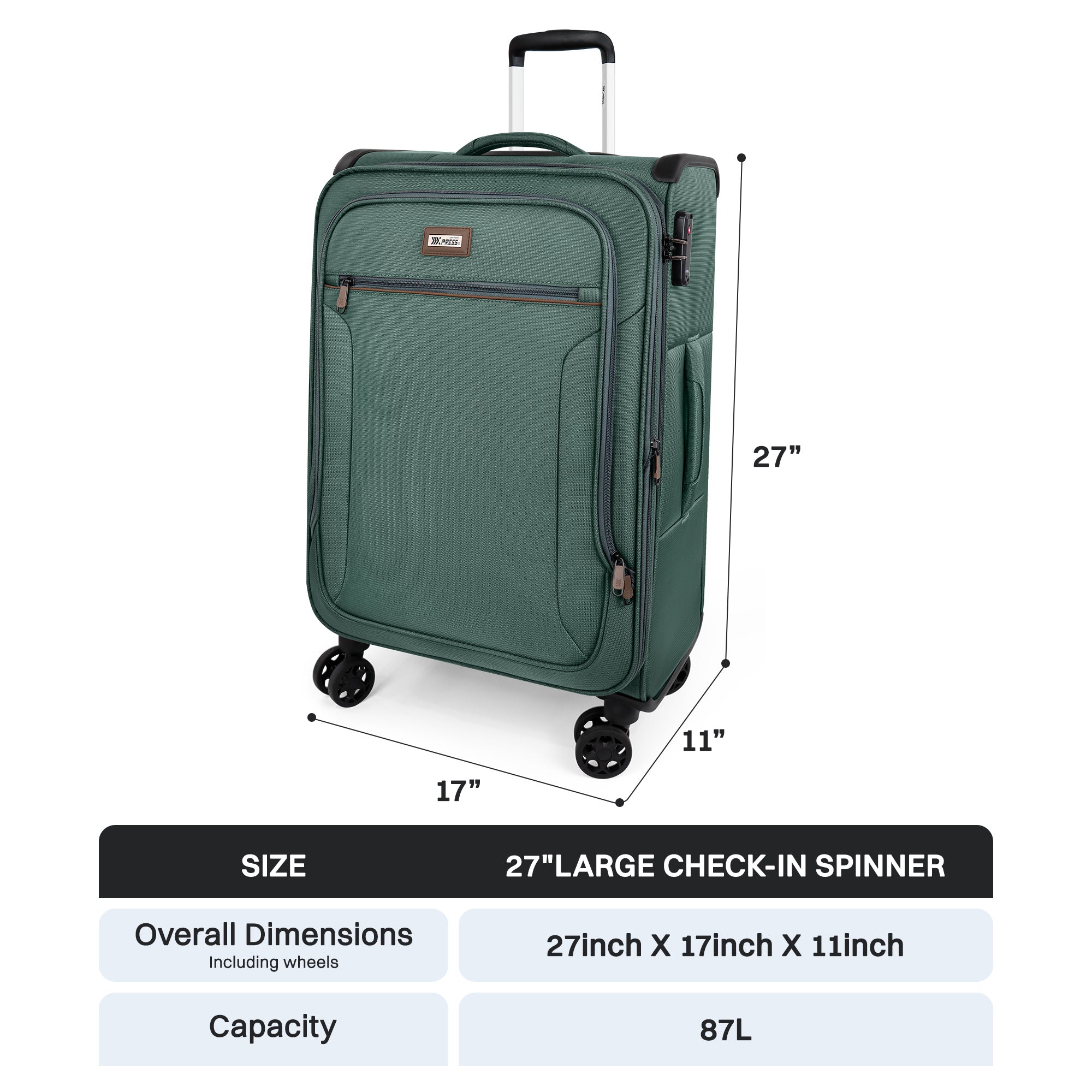 New York XPress XJ-1907,20in/24in/28in-Expandable 20% Luggage-Suitcases with Wheels Hardshell-Softside Luggage-Charcoal Material w/TSA LOCK