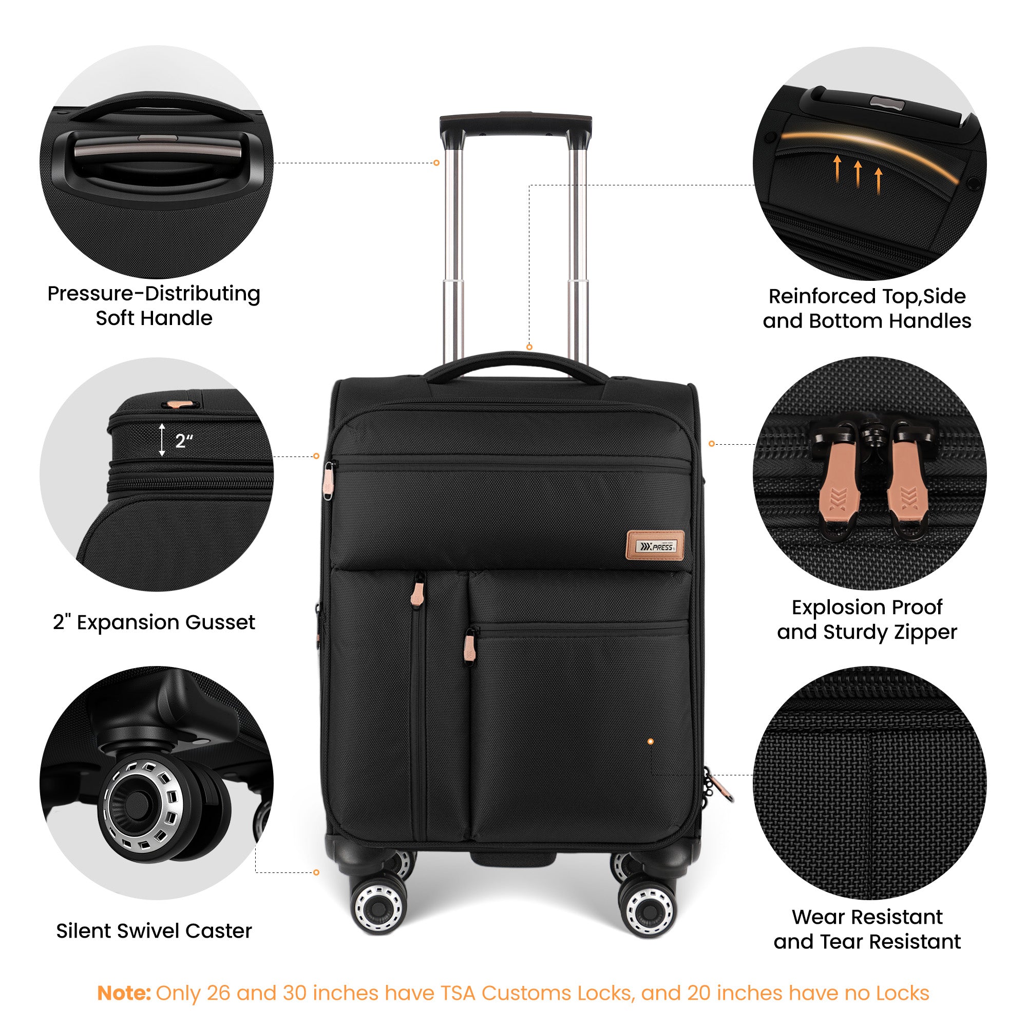 New York XPress XJ 1901,20in/26in/30in Softside Expandable Rolling Luggage w/TSA LOCK and Double Spinner Wheels,Lightweight Suitcases for Men Women