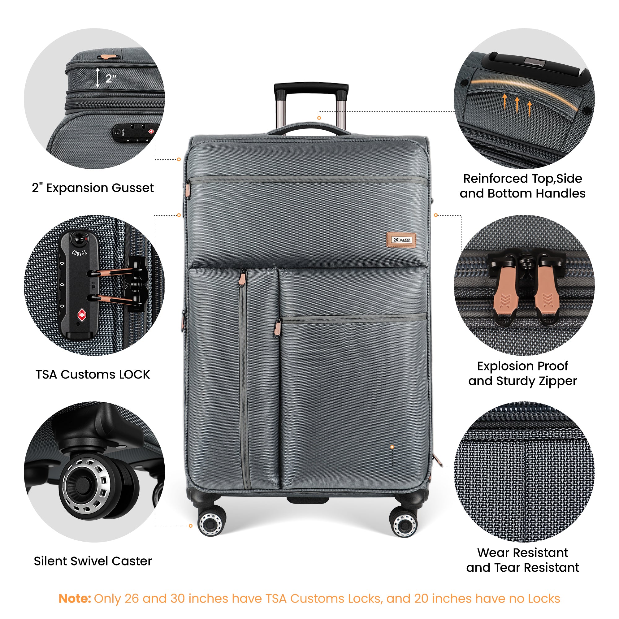 New York XPress XJ 1901,20in/26in/30in Softside Expandable Rolling Luggage w/TSA LOCK and Double Spinner Wheels,Lightweight Suitcases for Men Women