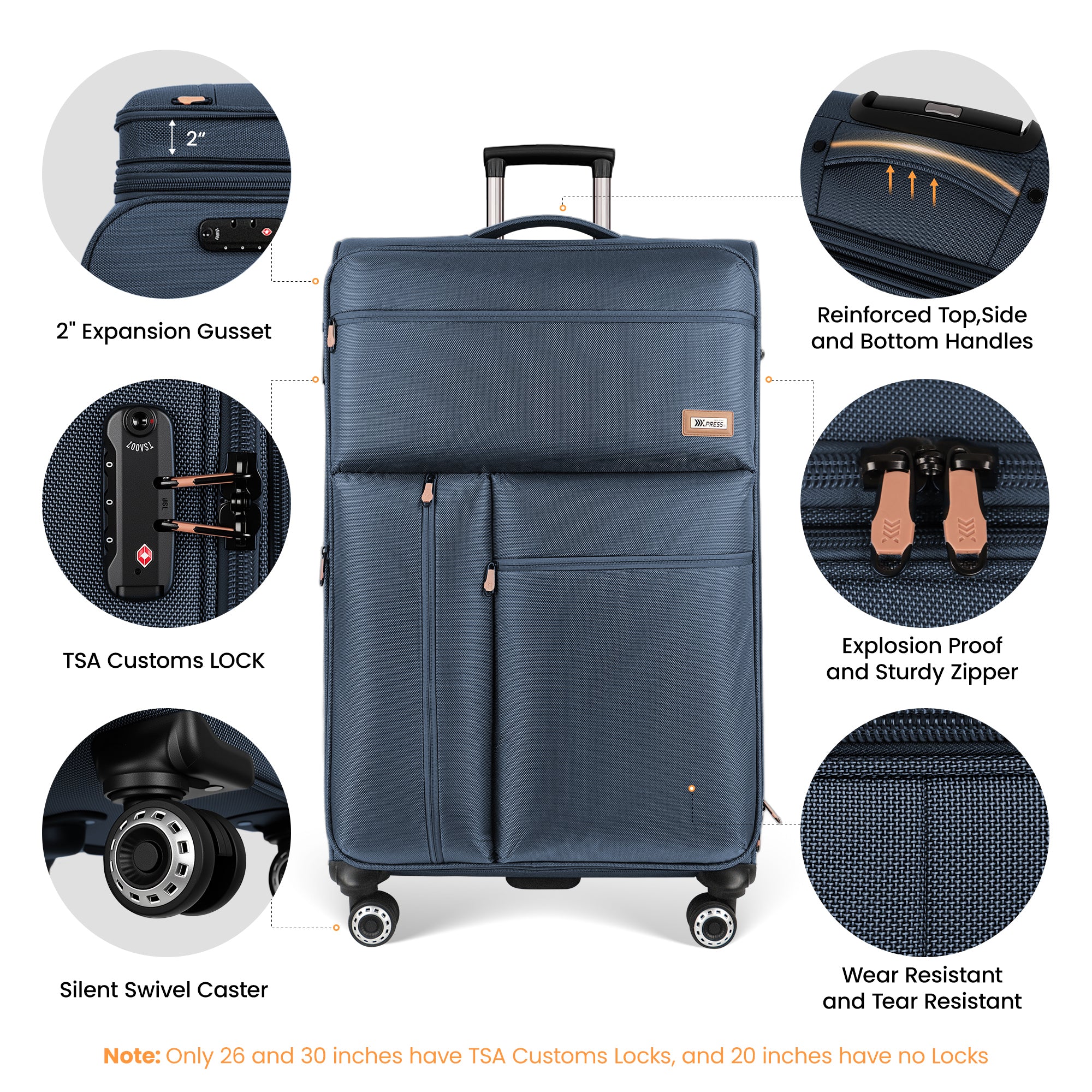 New York XPress XJ 1901,20in/26in/30in Softside Expandable Rolling Luggage w/TSA LOCK and Double Spinner Wheels,Lightweight Suitcases for Men Women